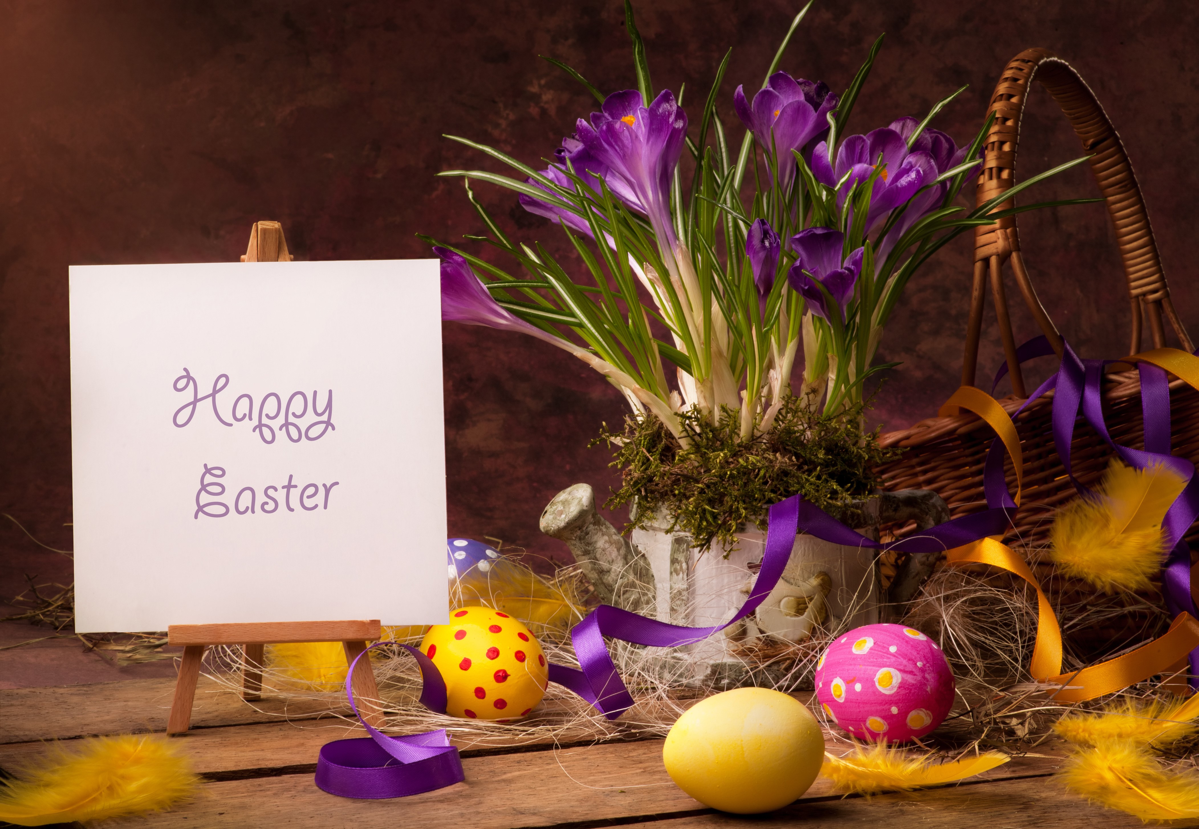 Easter still life with crocus flowers and decorated eggs HD Wallpaper