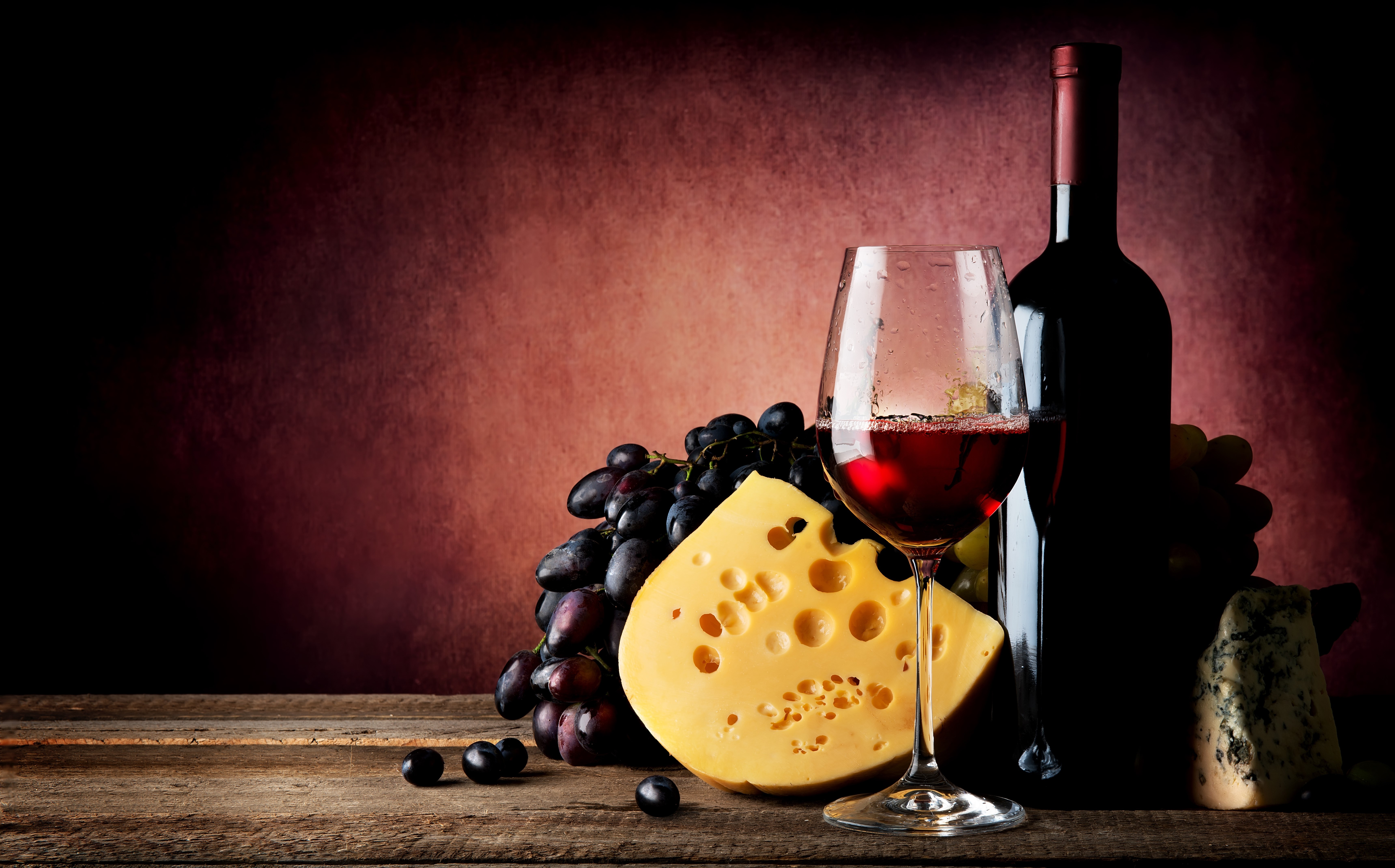 Still-life of wine, grapes, and cheese HD Wallpaper