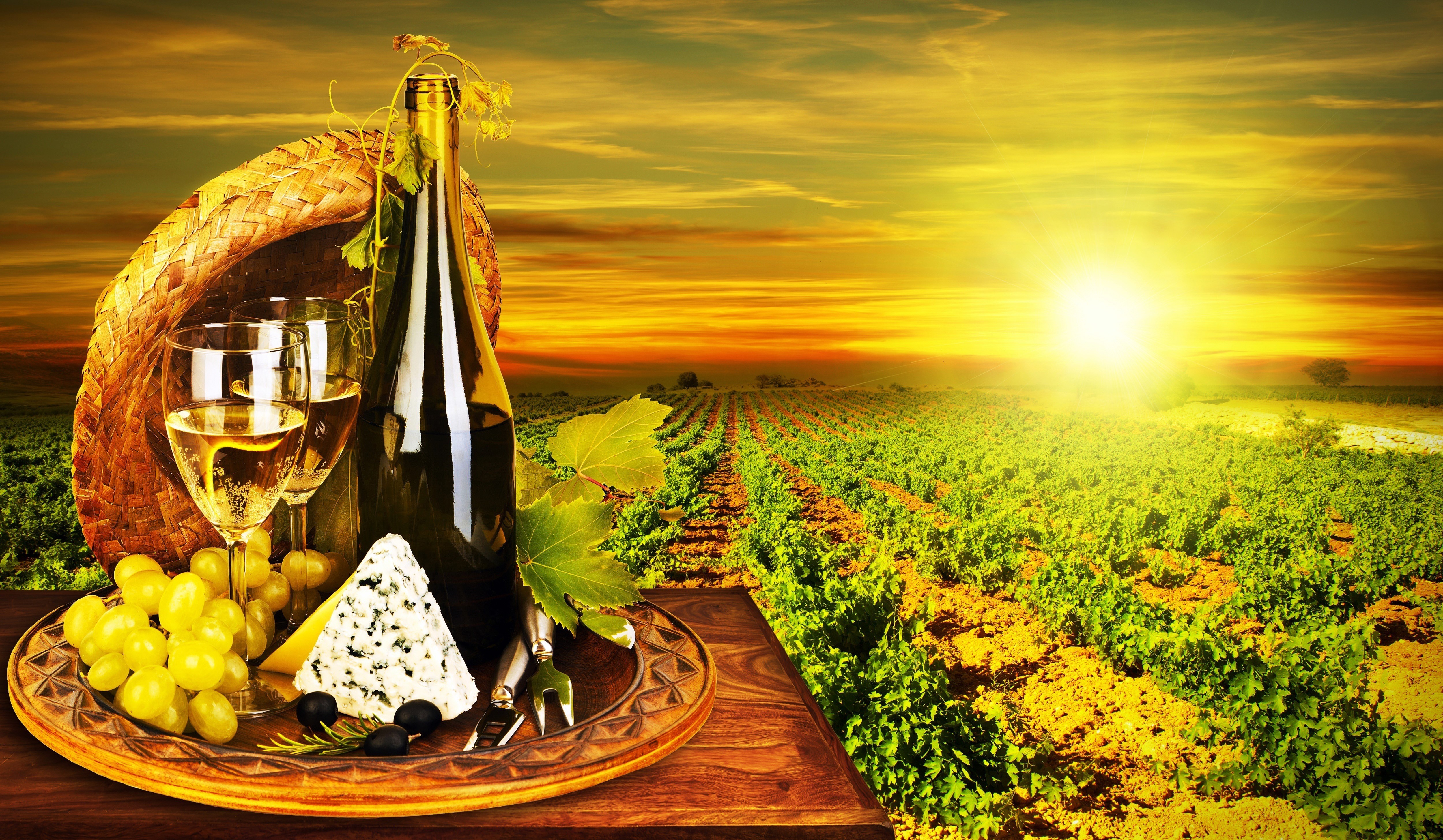 Wine, Grapes, Cheese, and Vineyard at Sunset HD Wallpaper