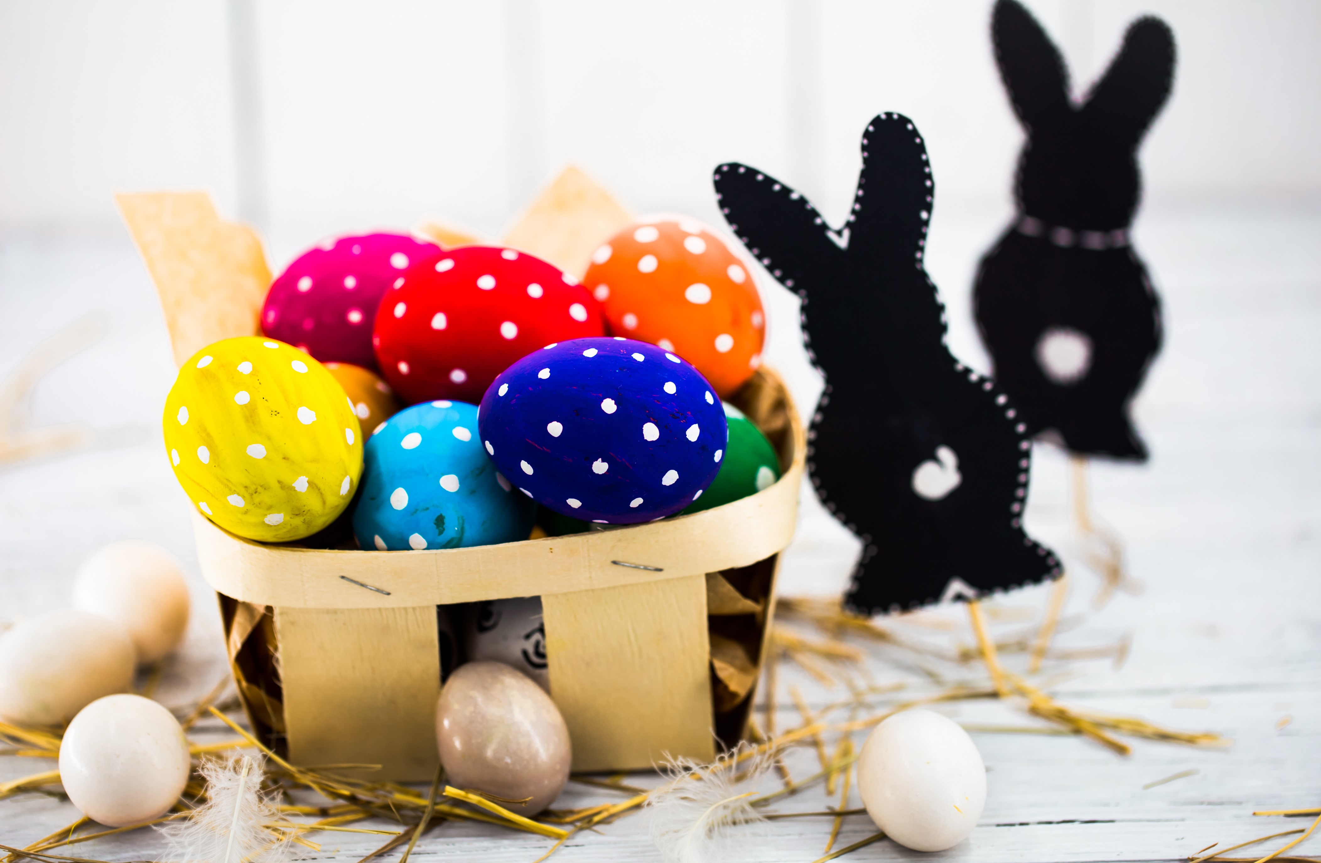 Easter Eggs in Basket with Rabbits HD Wallpaper