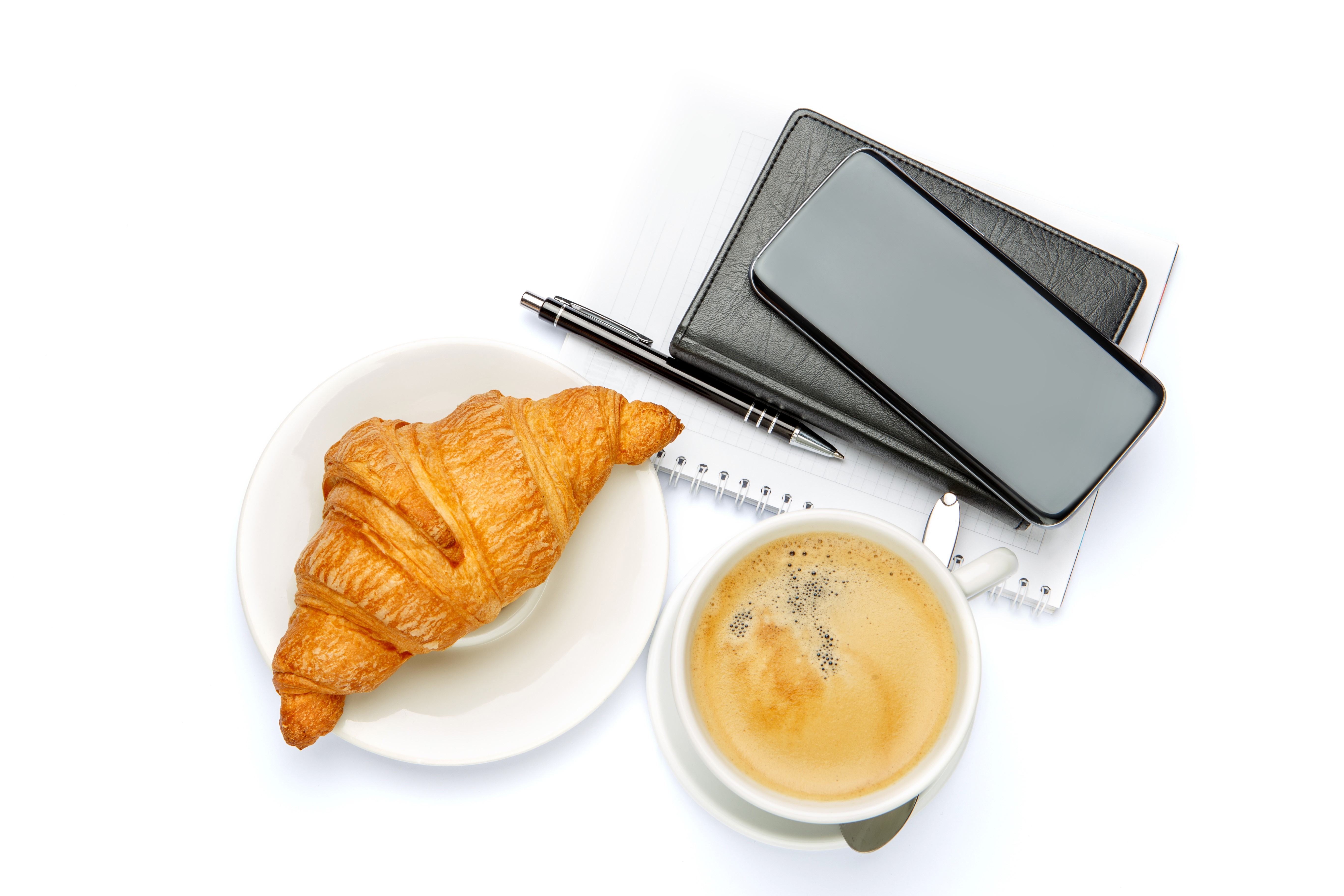 Coffee, Croissant, Smartphone, and Pen on White Background HD Wallpaper