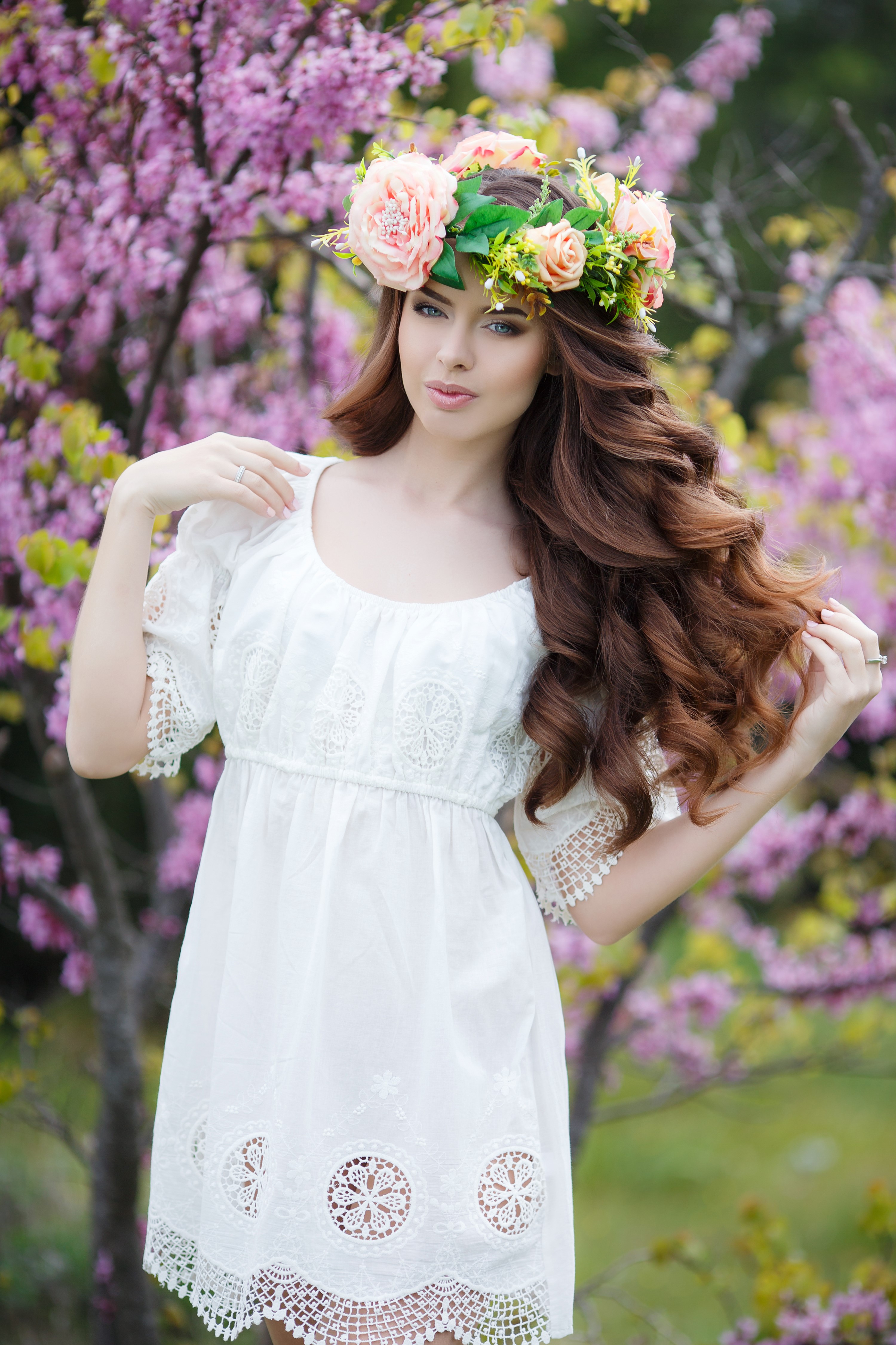 Woman with flower crown and white dress HD Phone Wallpaper