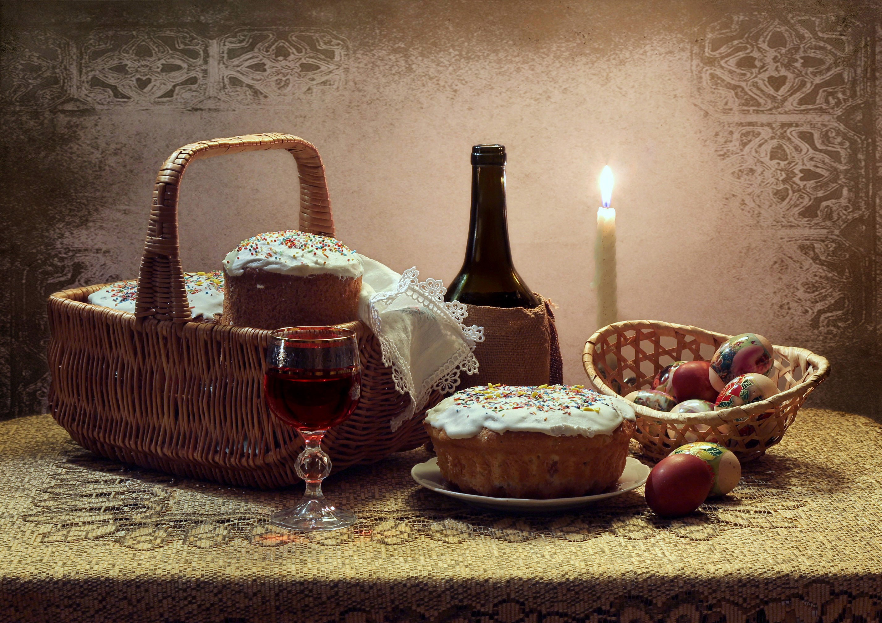 Easter still life with kulich, eggs, wine, and candle HD Wallpaper
