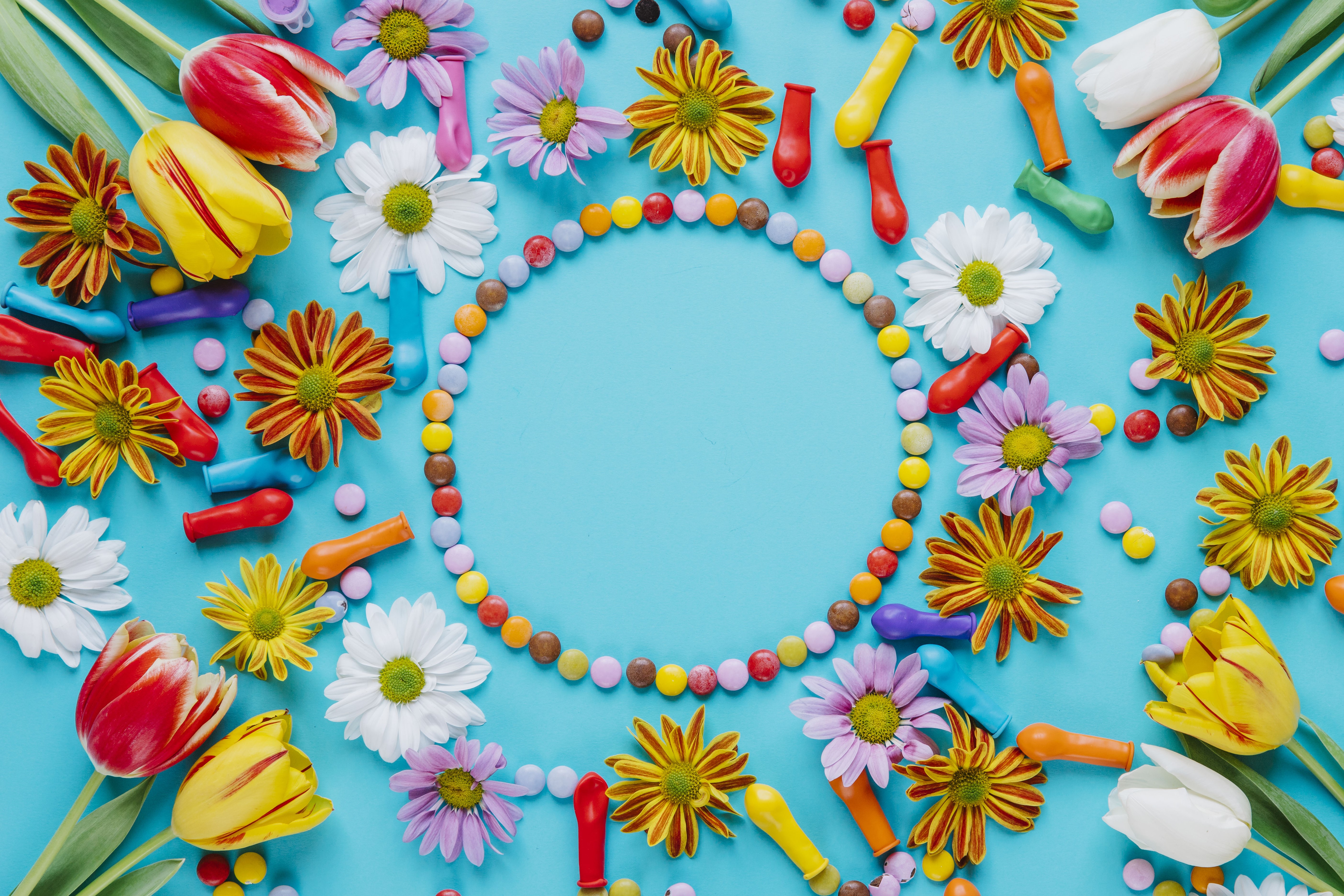 Tulips and Chrysanthemums with Candy and Balloons HD Wallpaper