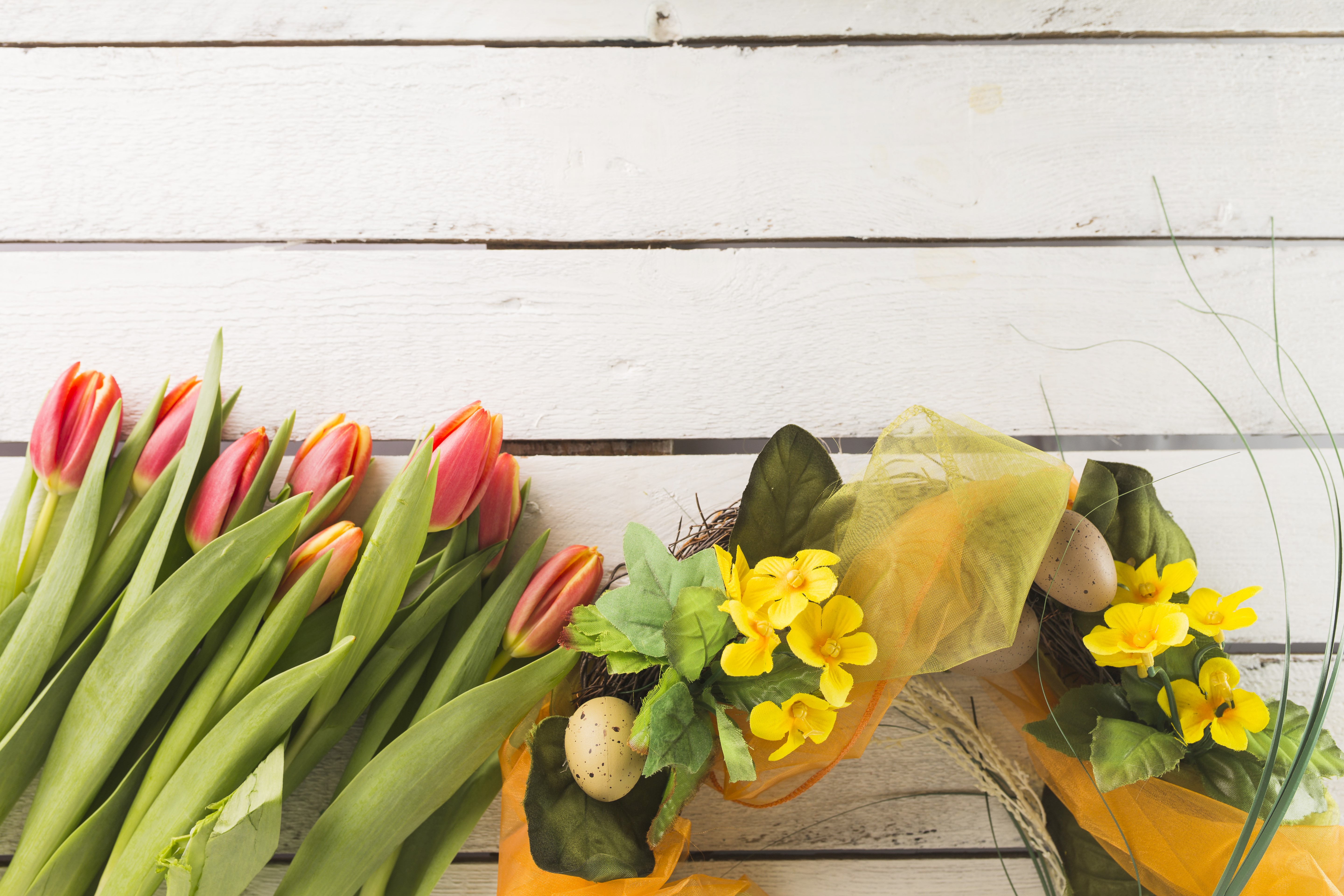 Easter Tulips and Decorations on Wood Planks HD Wallpaper