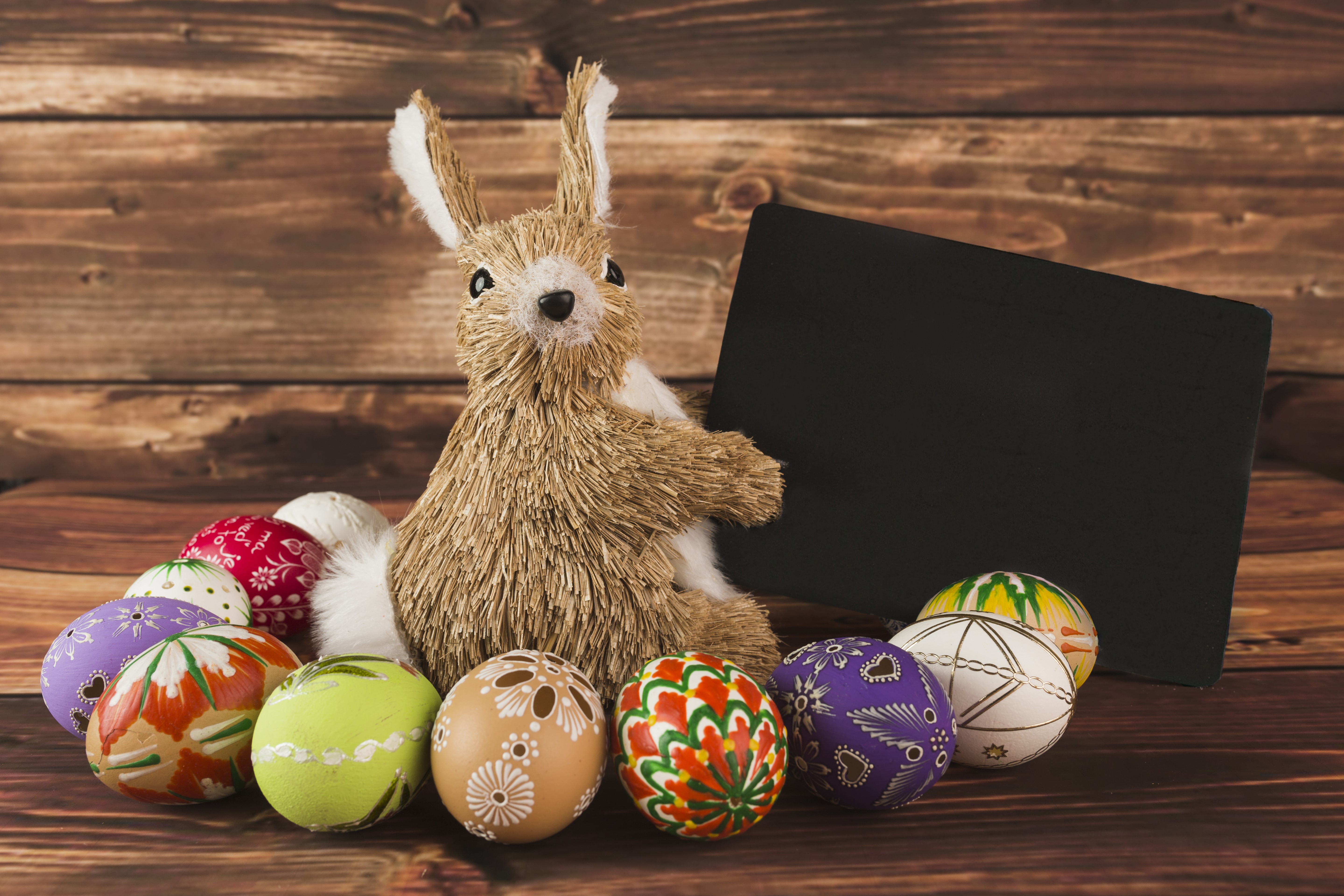 Easter Bunny and Decorated Eggs with Chalkboard HD Wallpaper