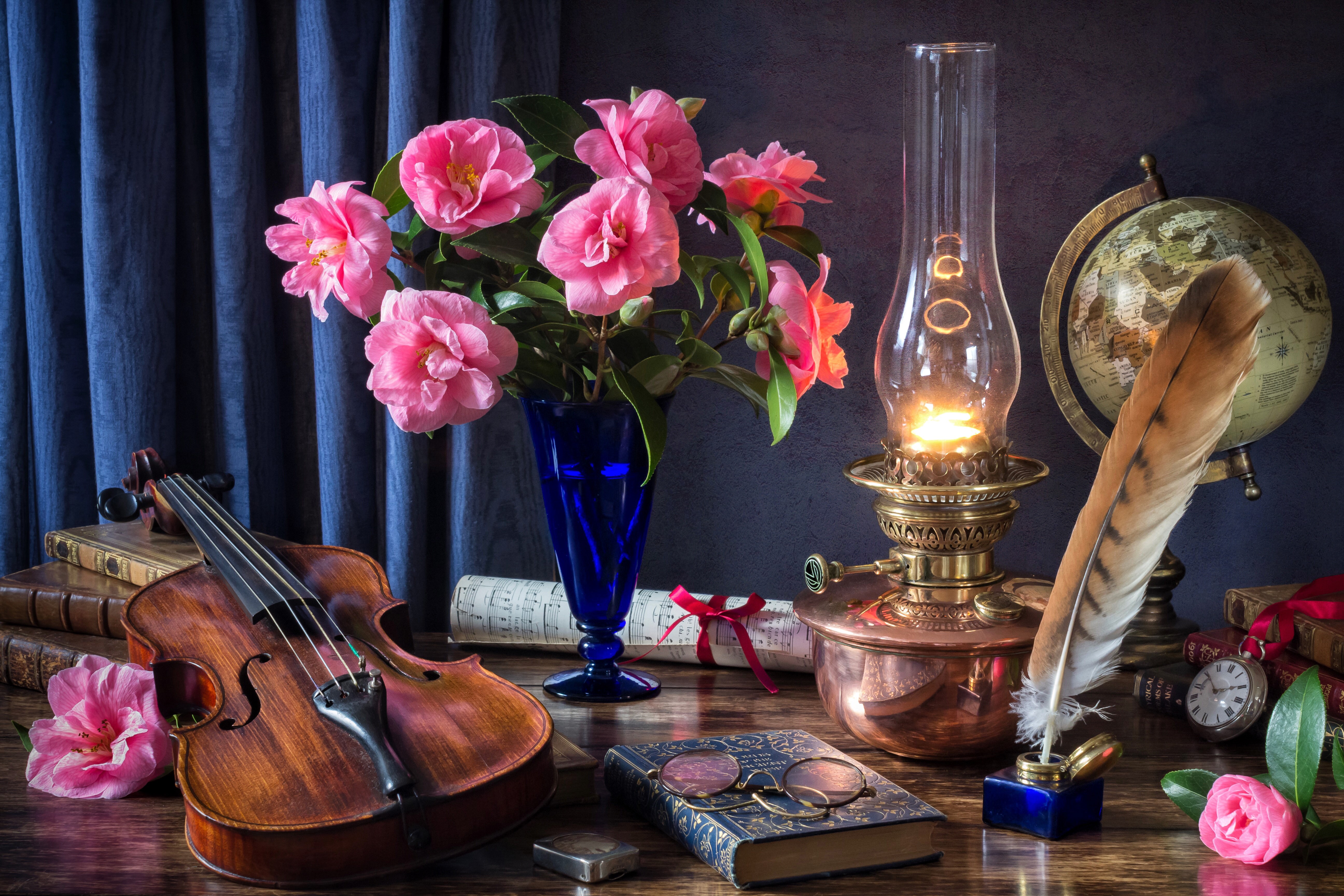 Still-life with Camellia, Violin, and Kerosene Lamp HD Wallpaper