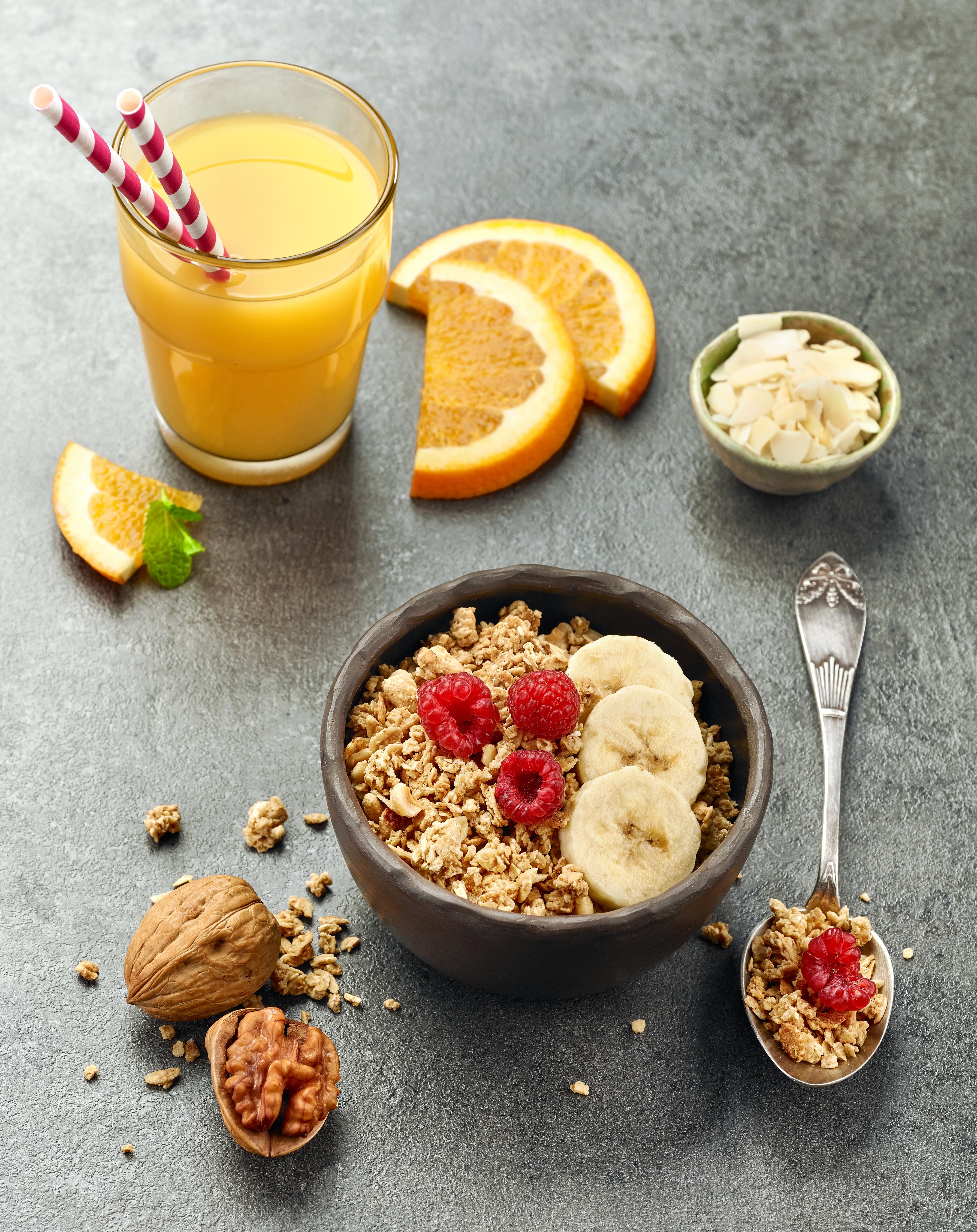 Breakfast with Muesli, Juice, and Walnuts HD Phone Wallpaper