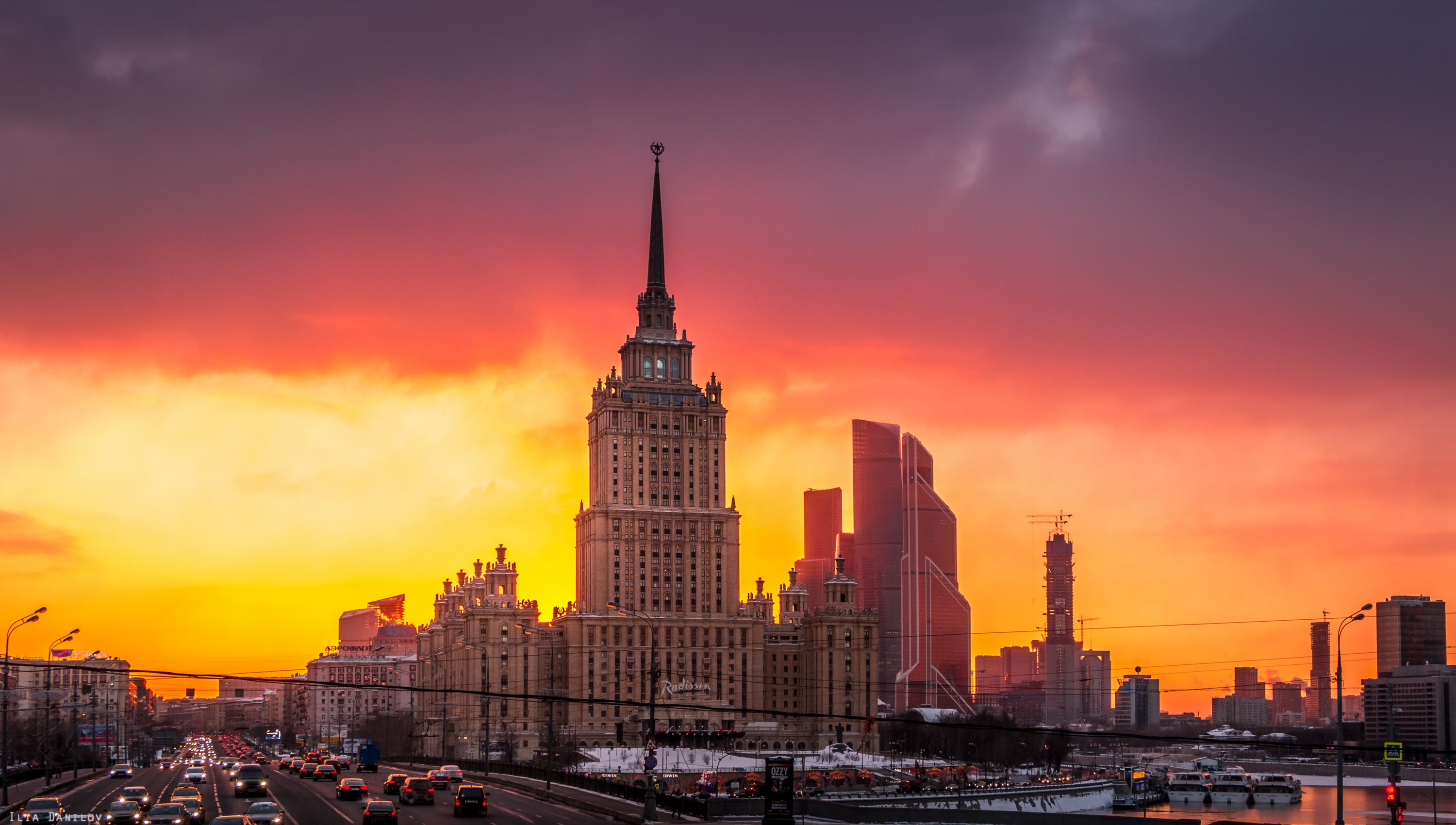 Moscow skyline with historic building and skyscrapers at sunset HD Wallpaper