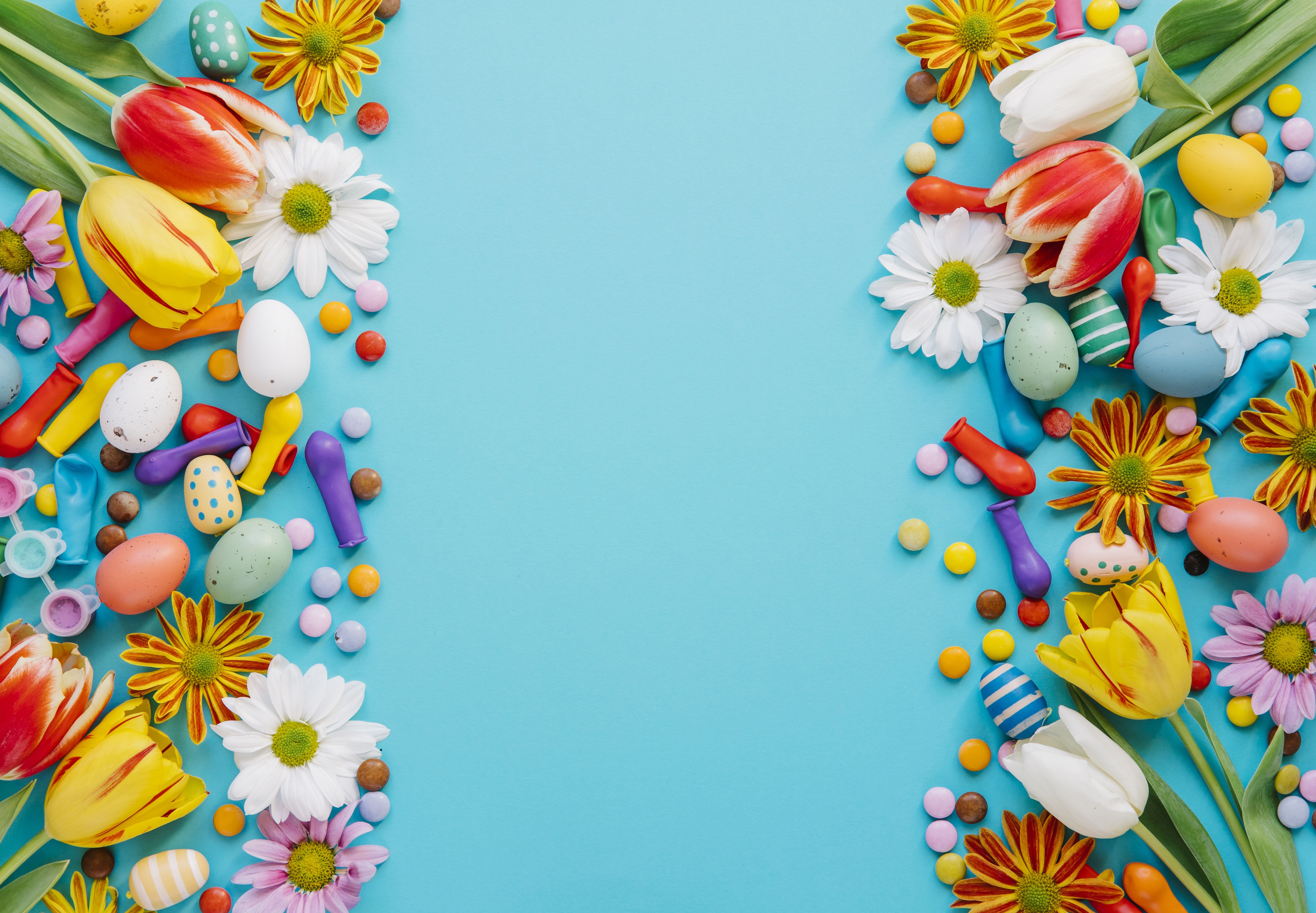 Easter Tulips, Chrysanthemums, Eggs, and Candy on Blue Background HD Wallpaper