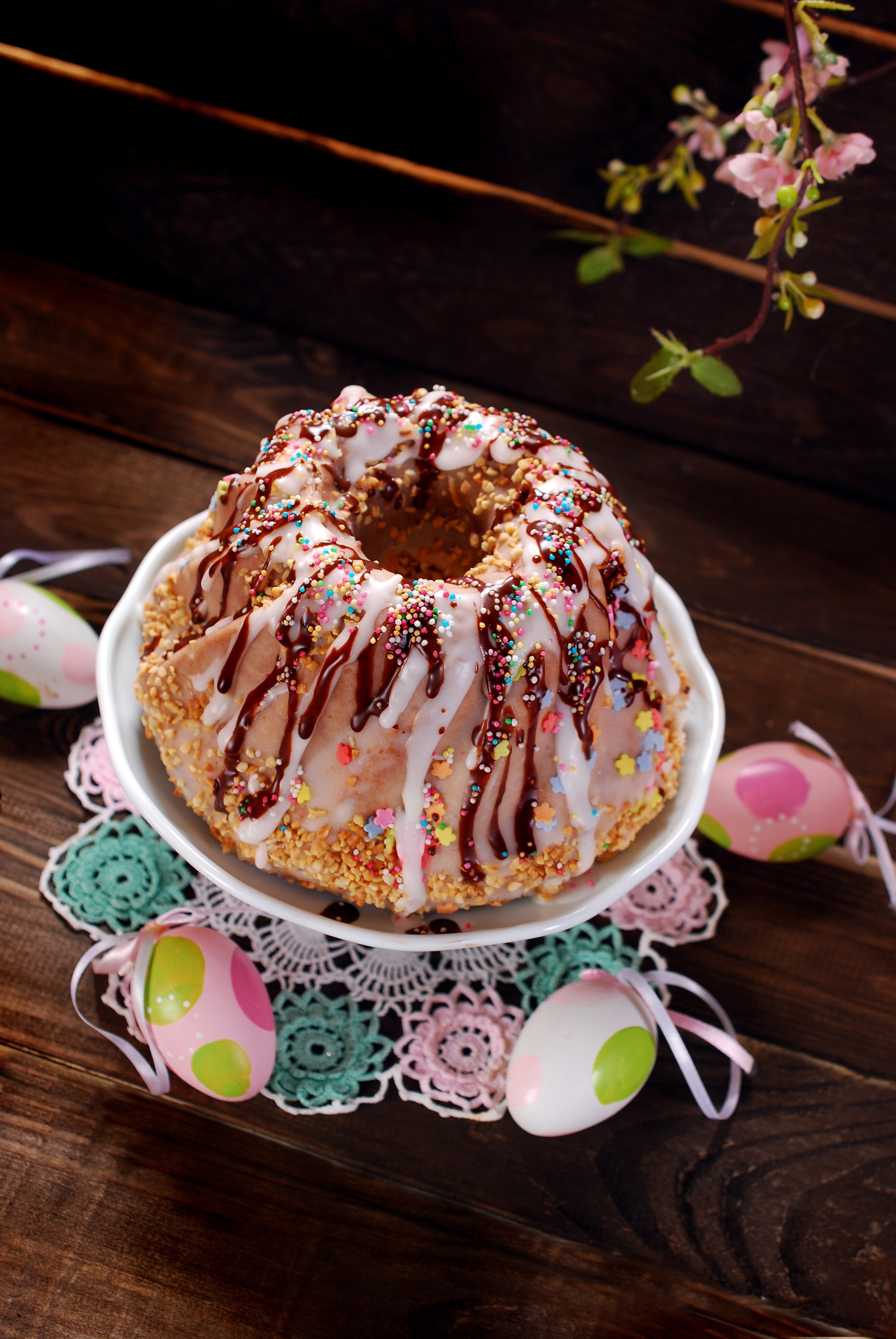Easter Kulich Cake with Sprinkles and Chocolate Drizzle HD Phone Wallpaper