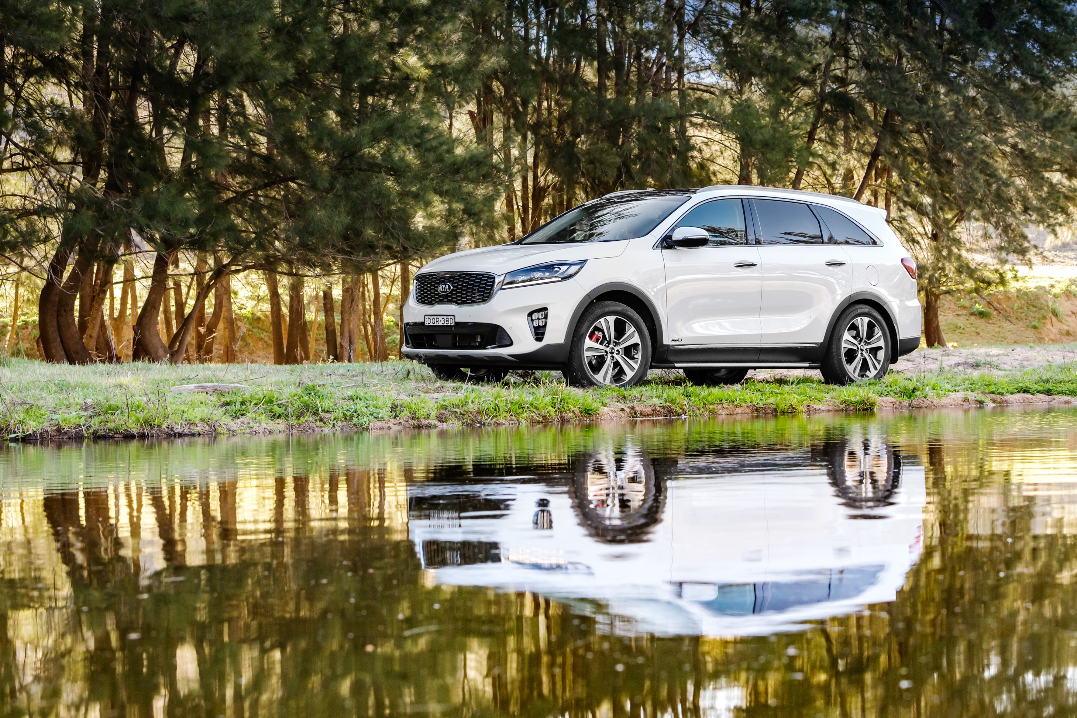 White Kia Sorento GT parked by a lake HD Wallpaper