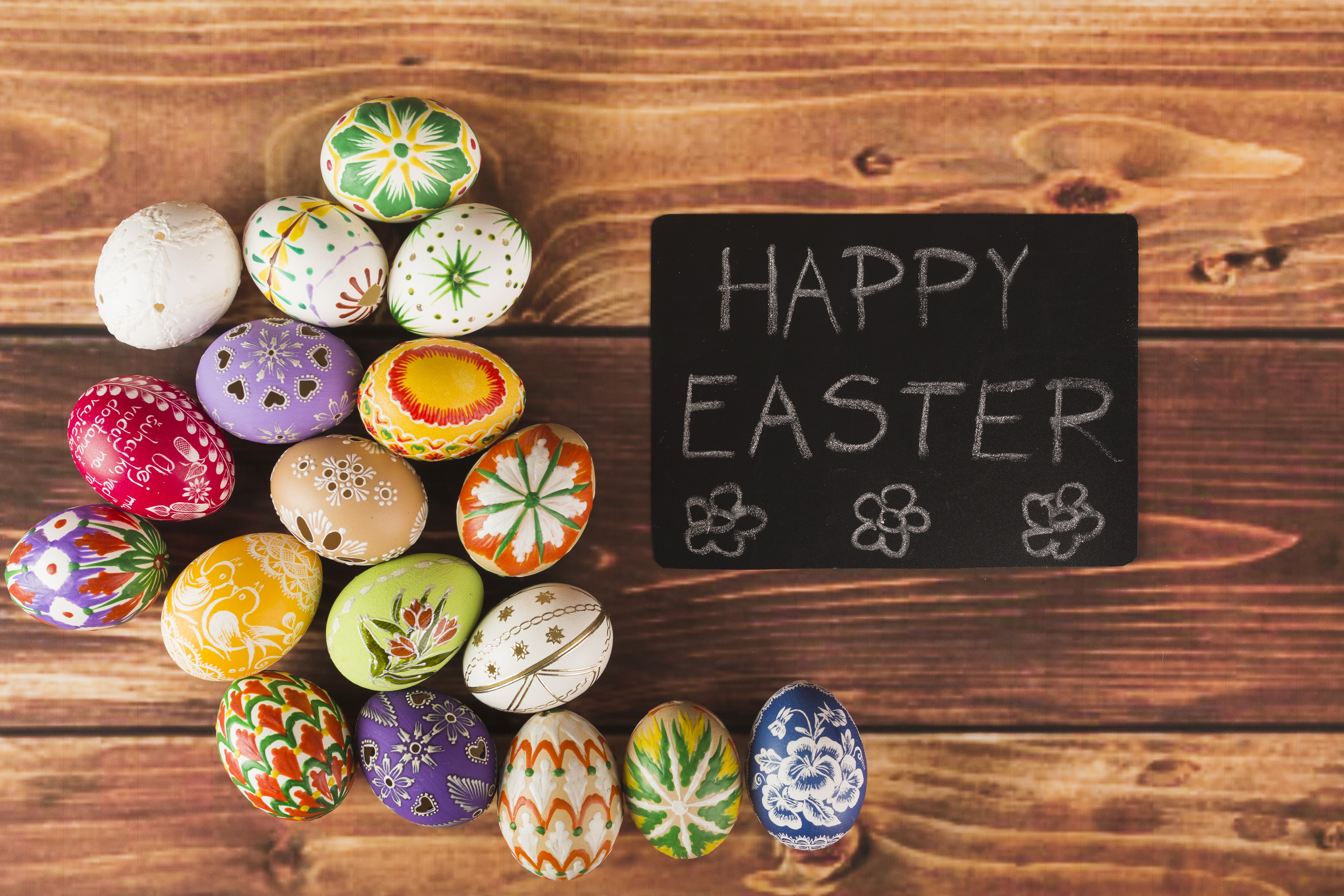 Easter Eggs on Wooden Planks with Happy Easter Chalkboard HD Wallpaper