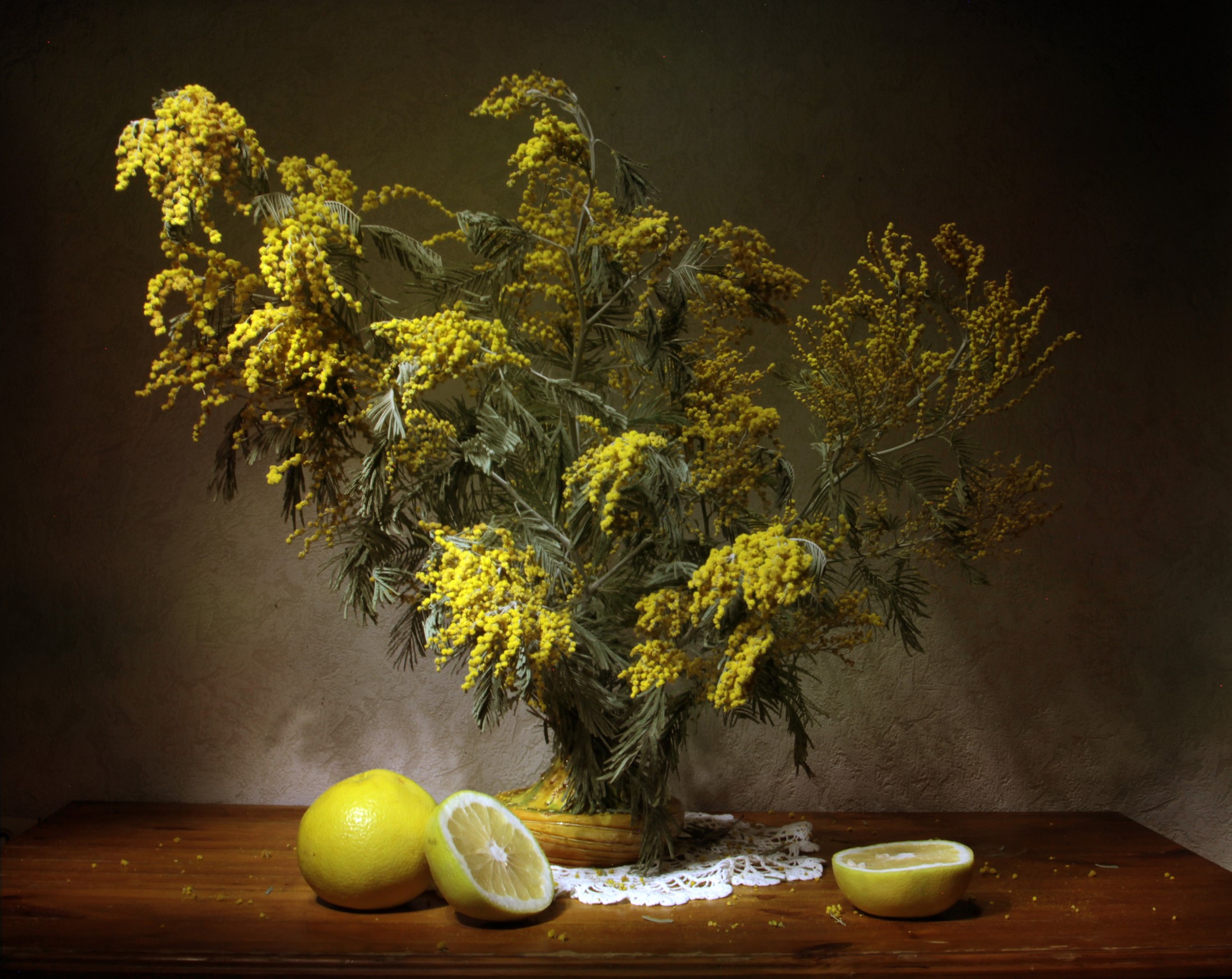 Still life with mimosa branches and lemons HD Wallpaper