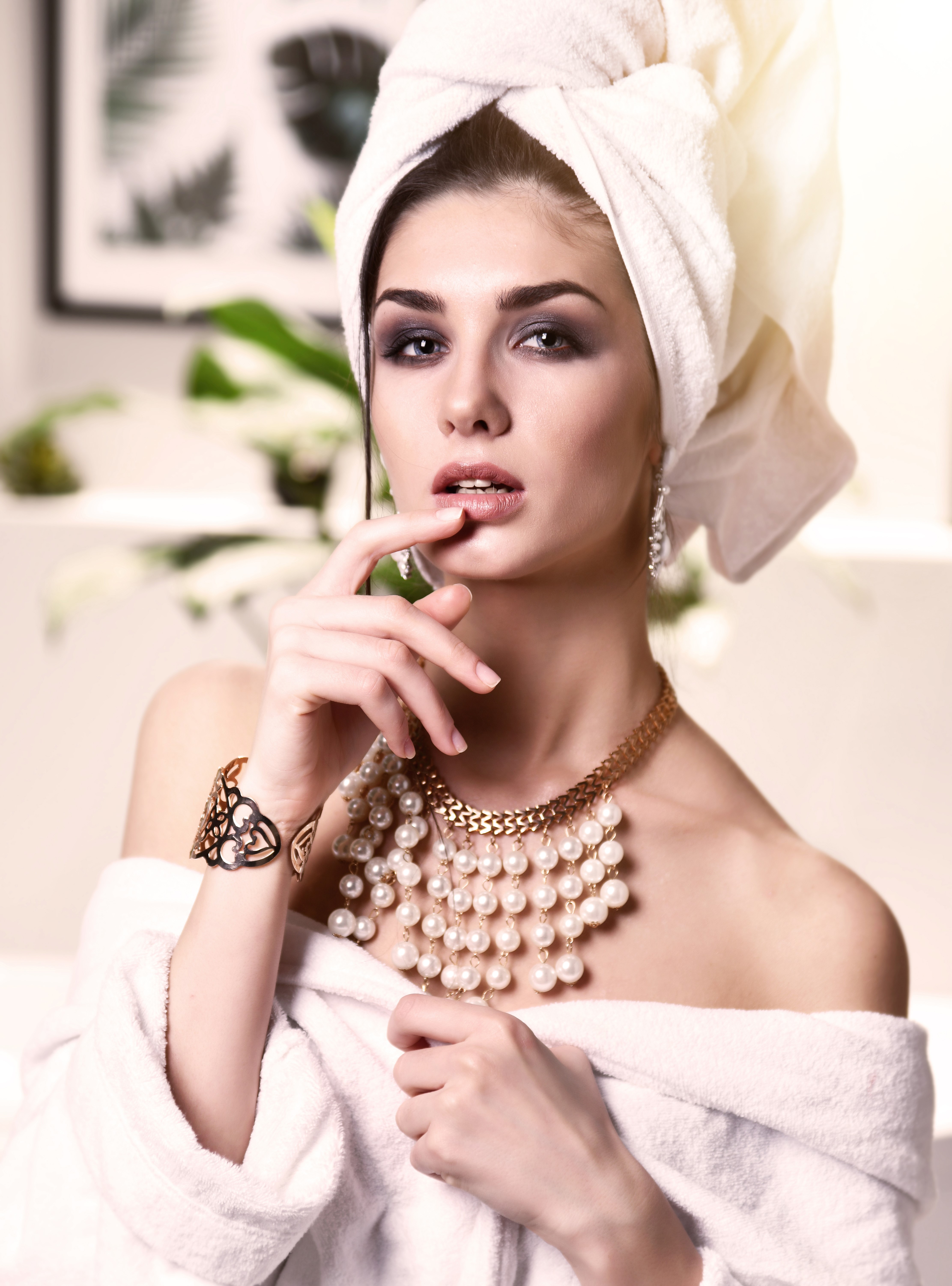 Woman with towel on head wearing jewelry HD Phone Wallpaper