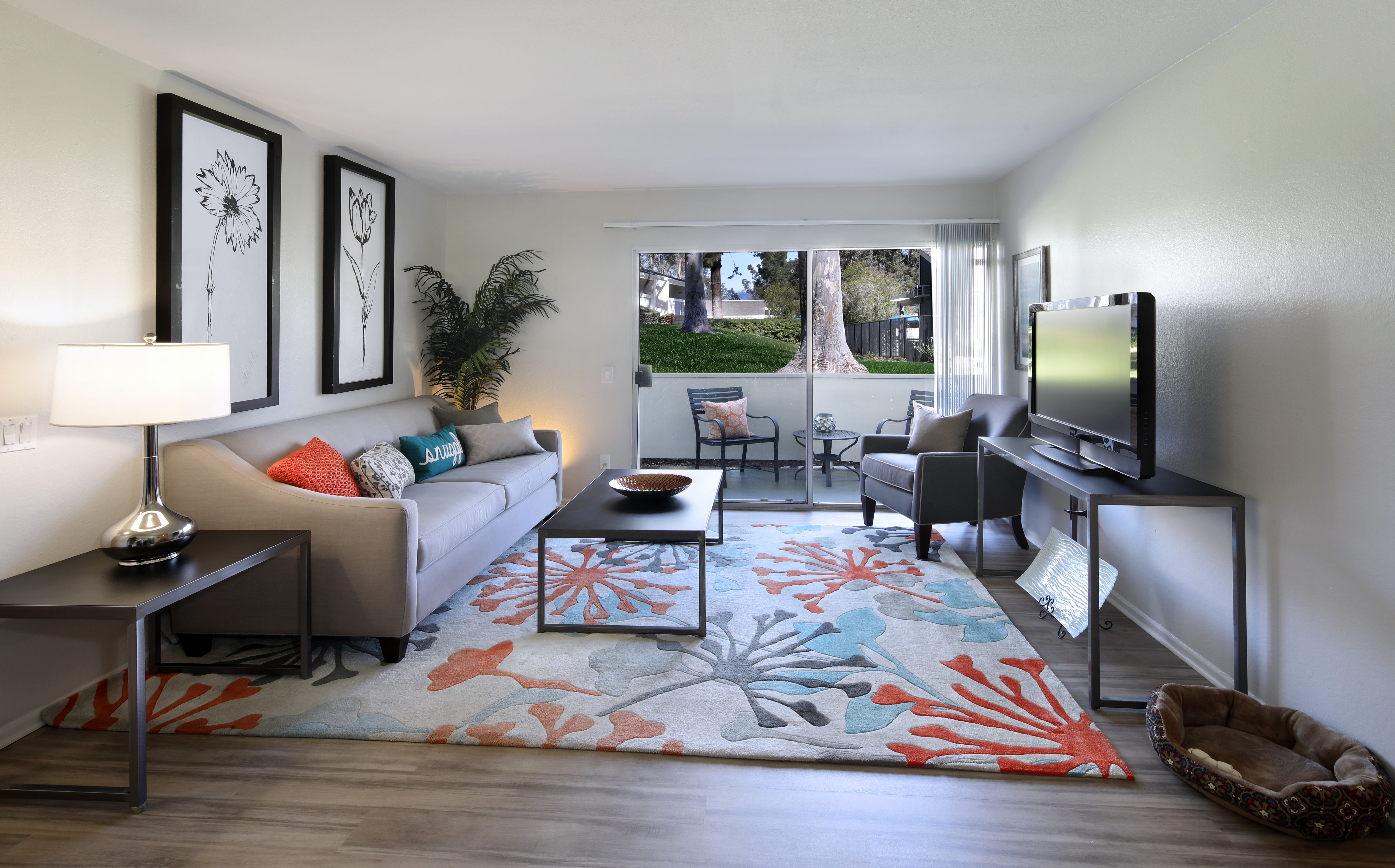 Living room with sofa and TV HD Wallpaper