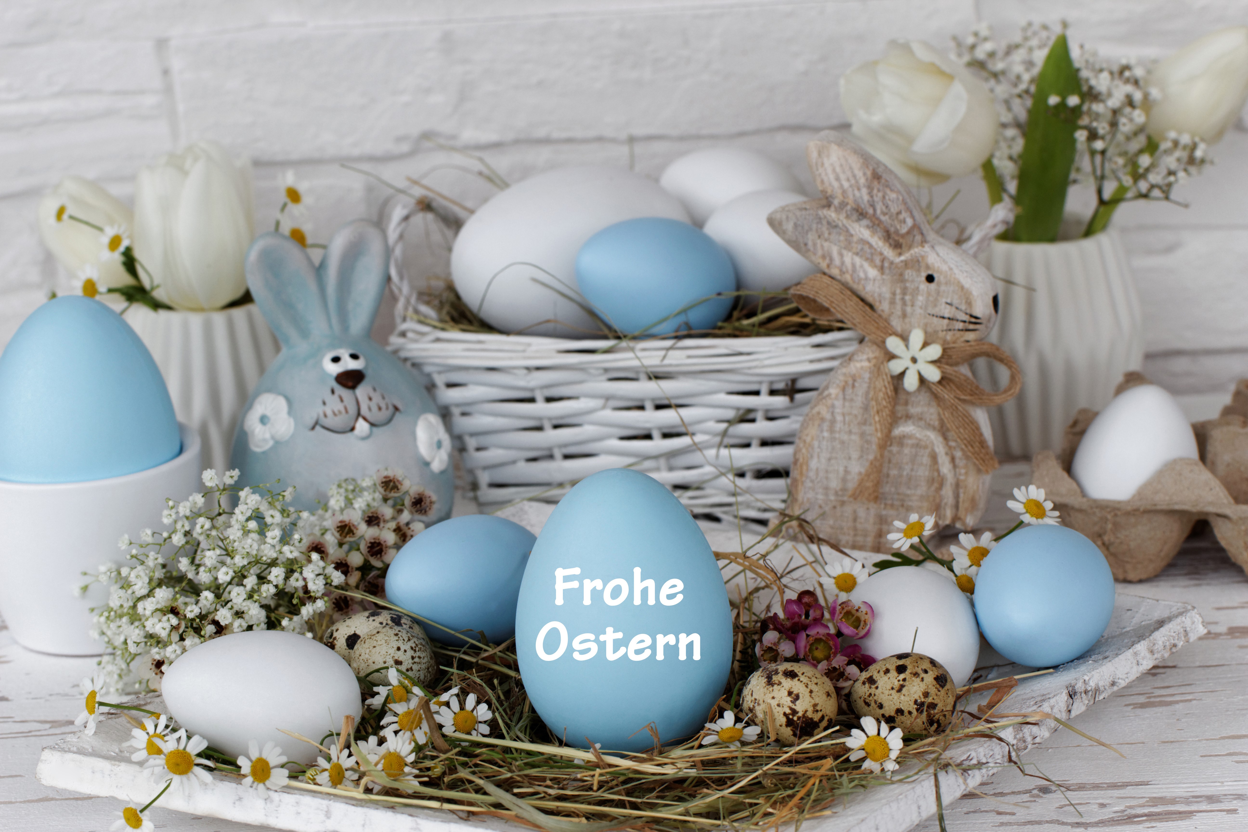 Easter eggs and rabbits with flowers HD Wallpaper