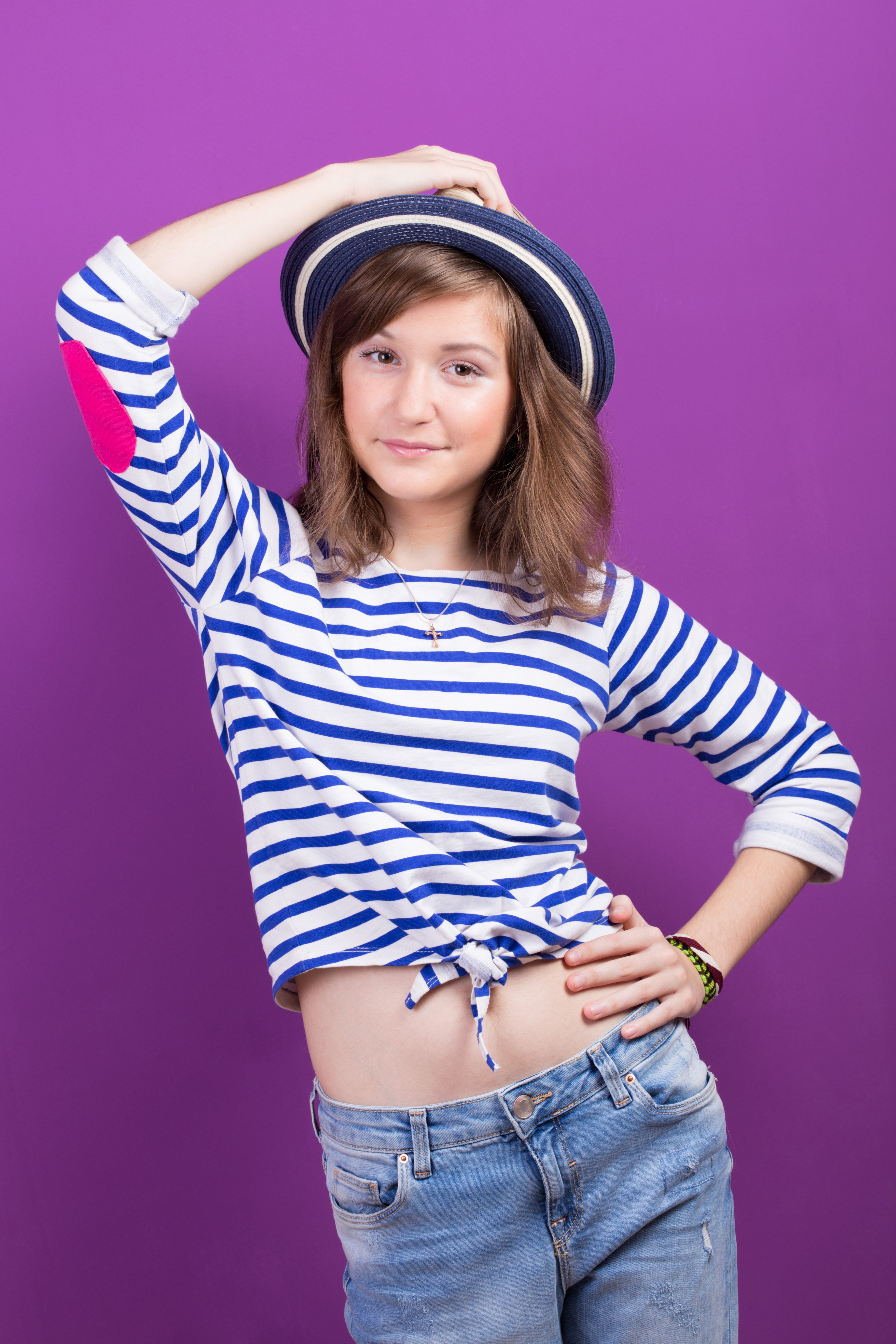 Girl in striped shirt and hat HD Phone Wallpaper