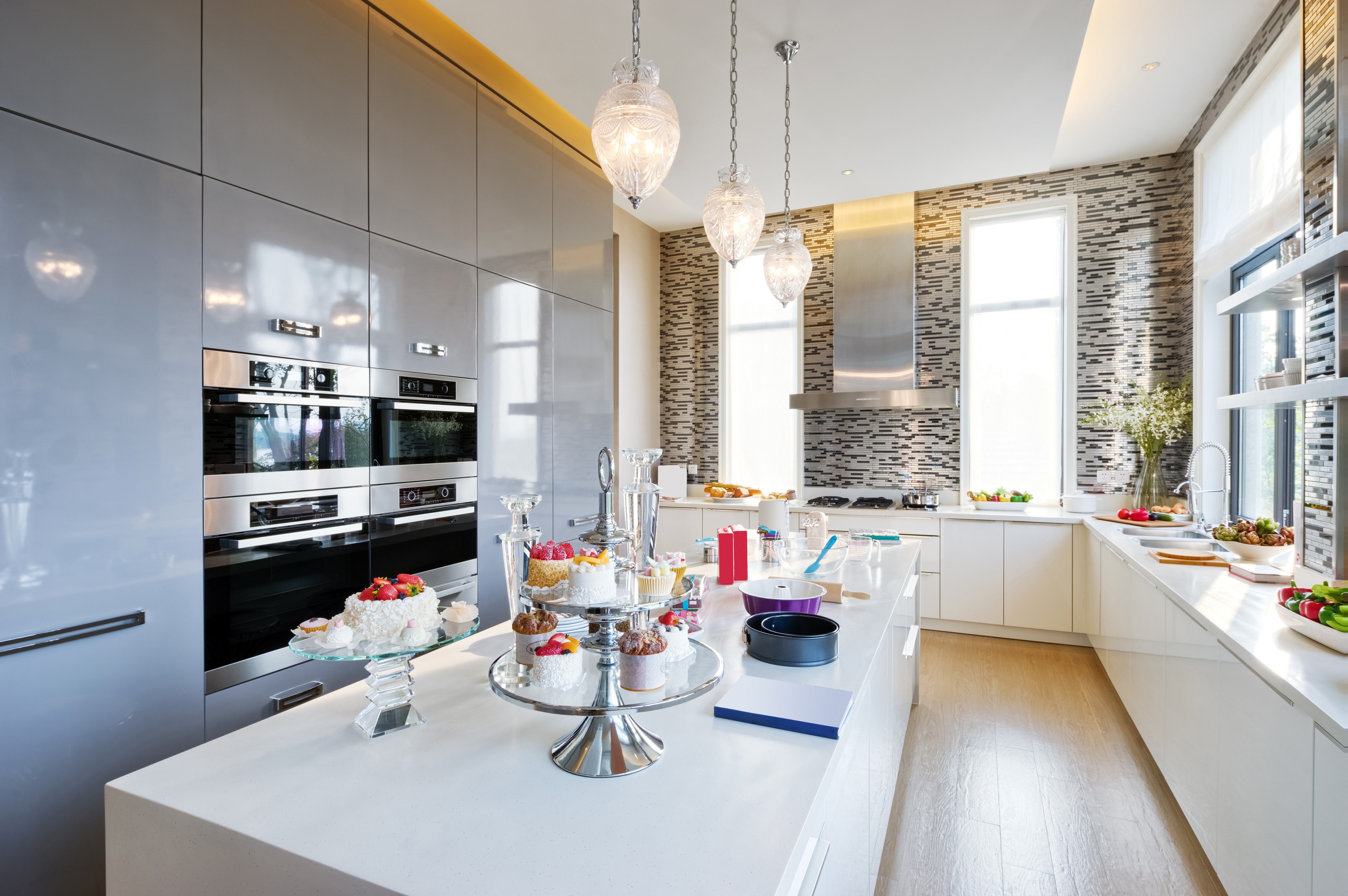 Modern Kitchen Interior Design with Ovens and Desserts HD Wallpaper