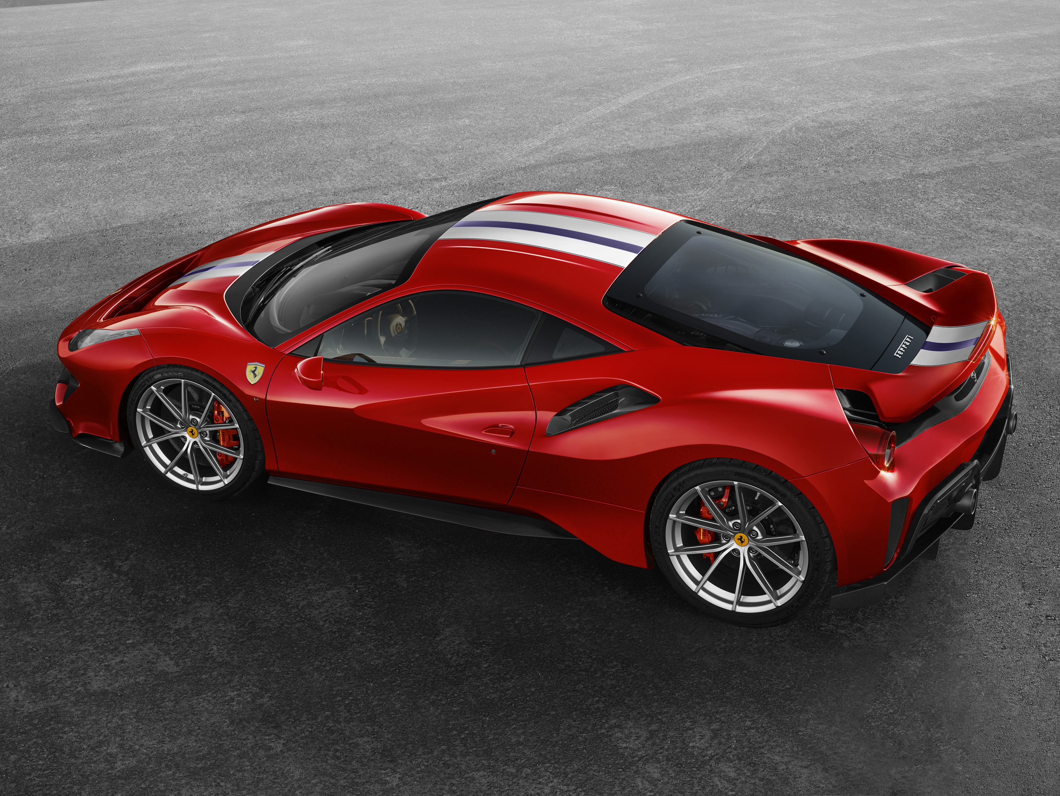 Red Ferrari 488 Pista with racing stripes HD Wallpaper