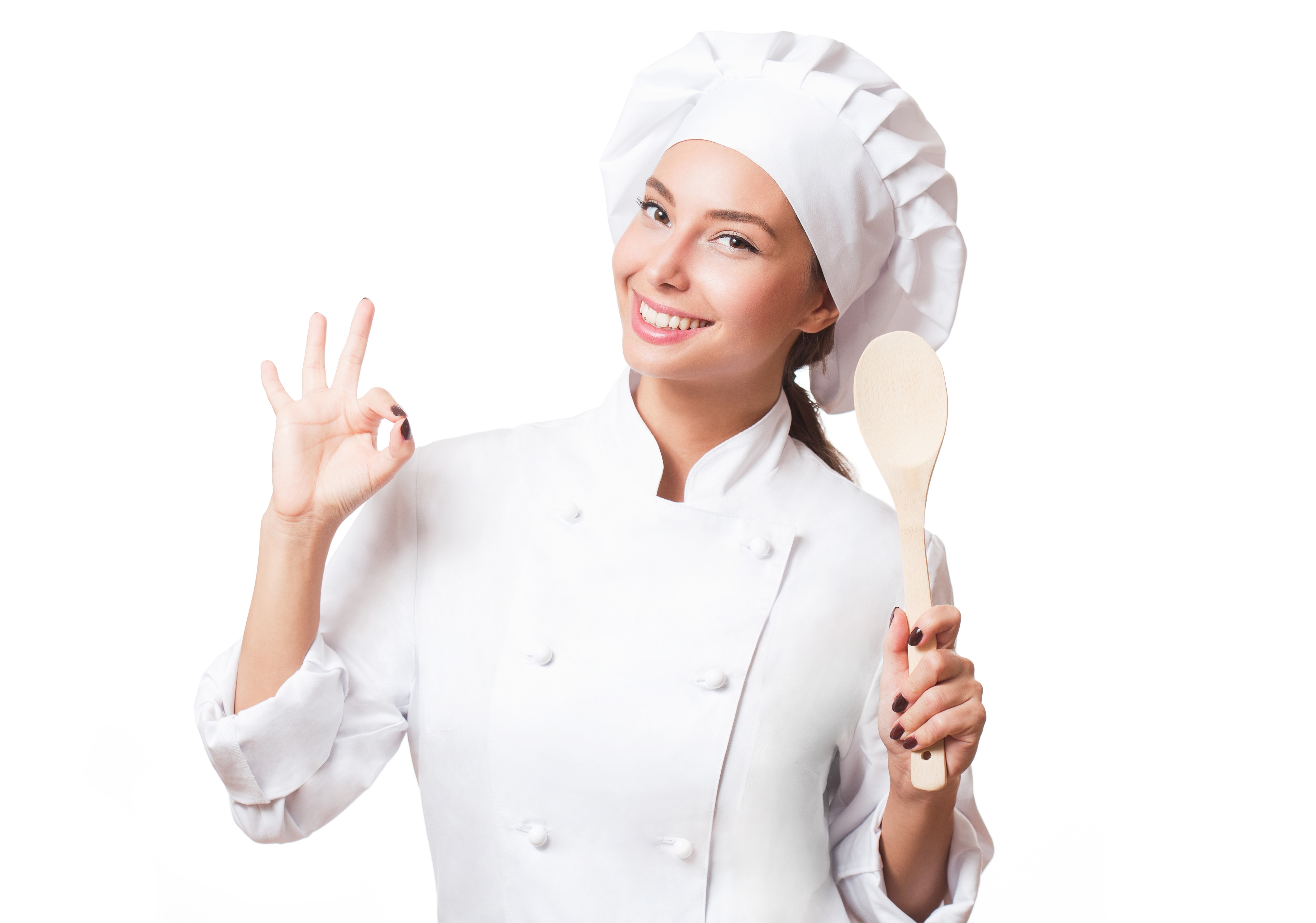 Chef giving an OK sign with a wooden spoon HD Wallpaper