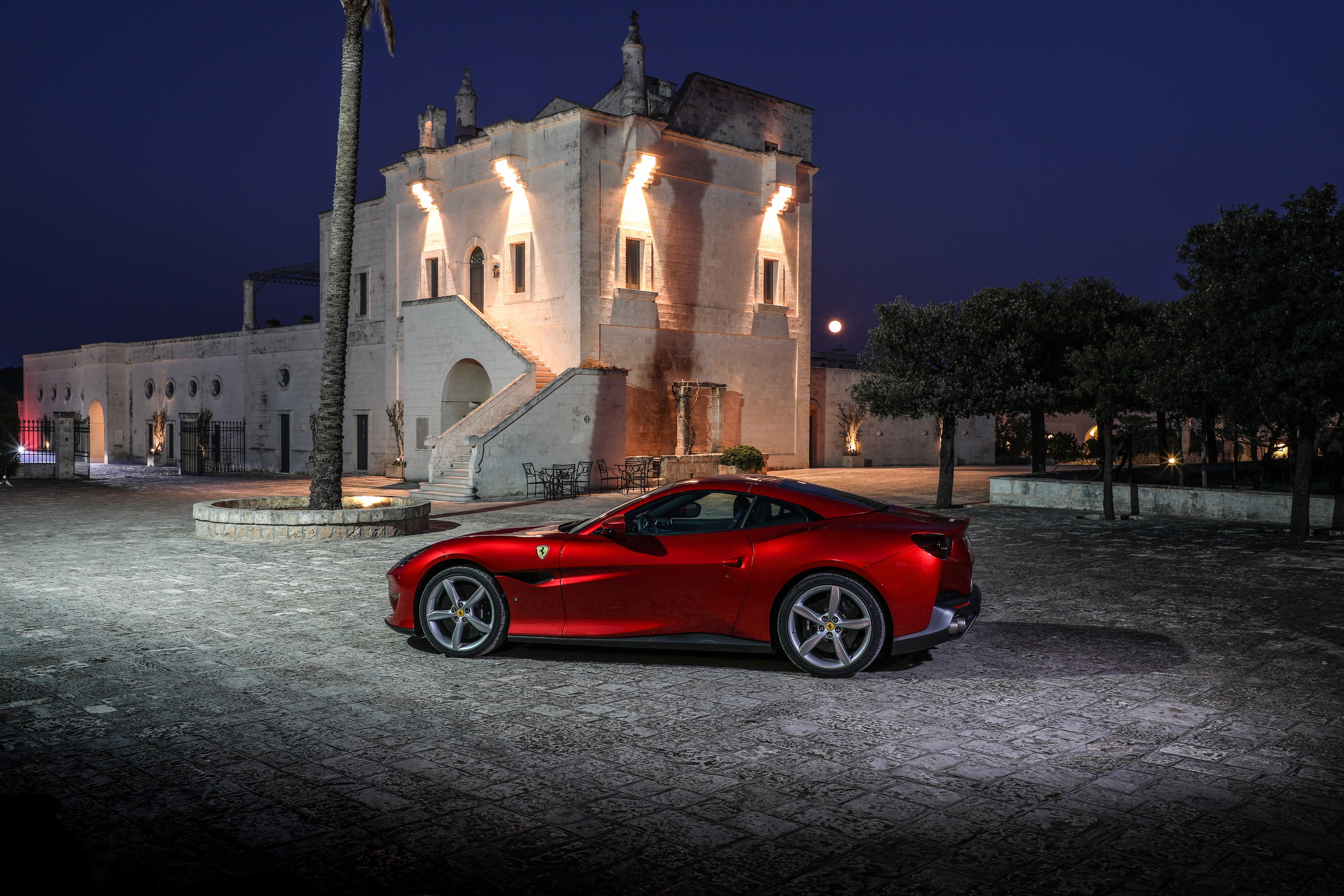 Red 2018 Ferrari Portofino parked at night HD Wallpaper
