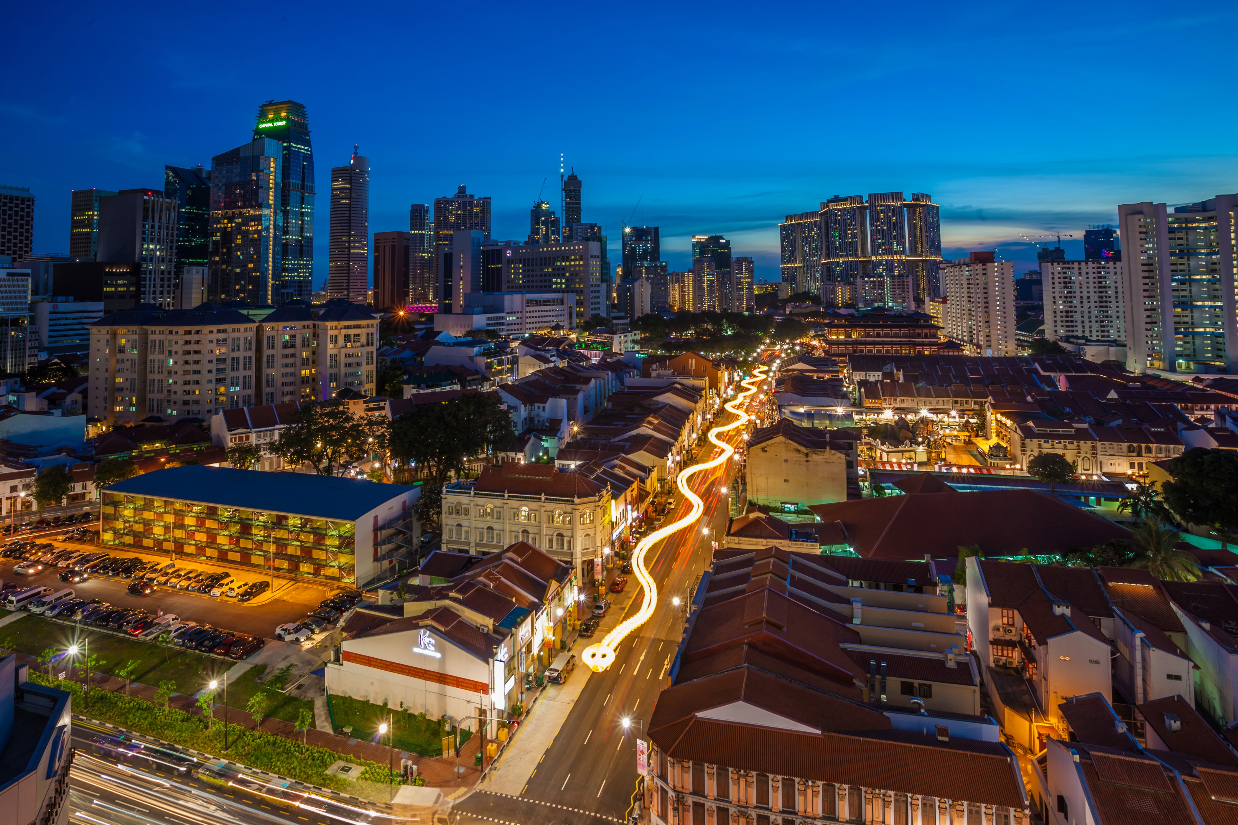 Chinatown Singapore at Dusk with Light Trails HD Wallpaper