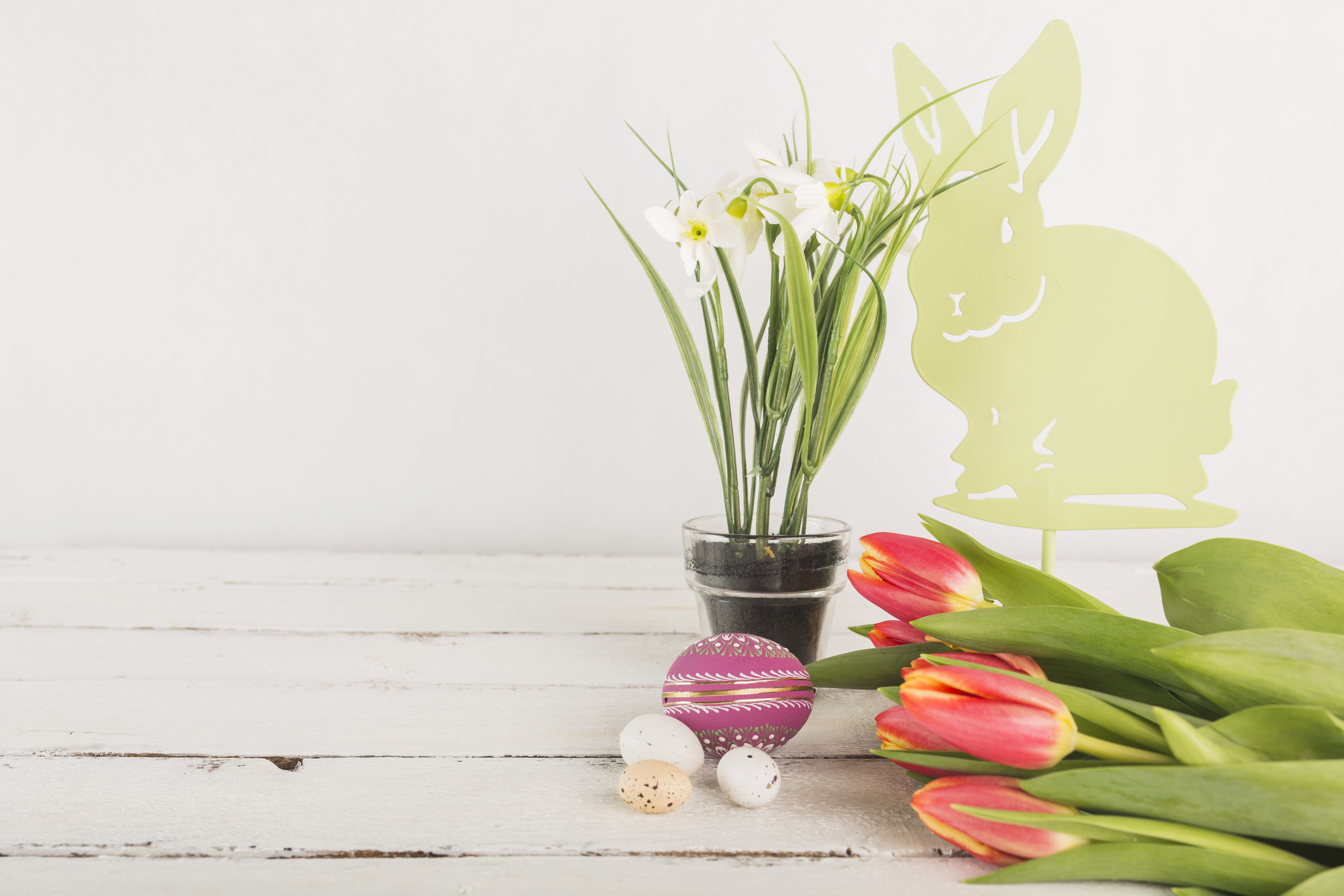 Easter Decoration with Tulips, Daffodils, and Eggs HD Wallpaper