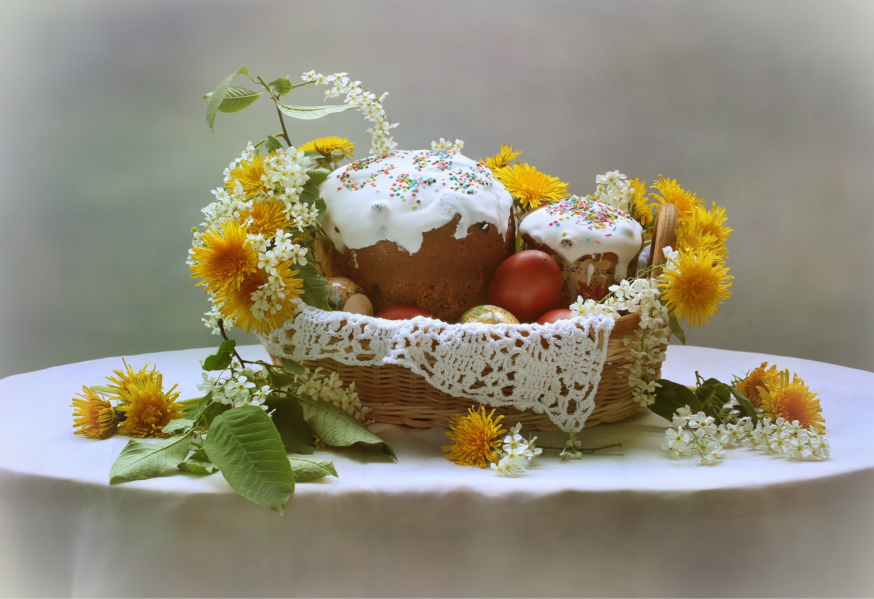 Easter basket with kulich, eggs, and dandelions HD Wallpaper