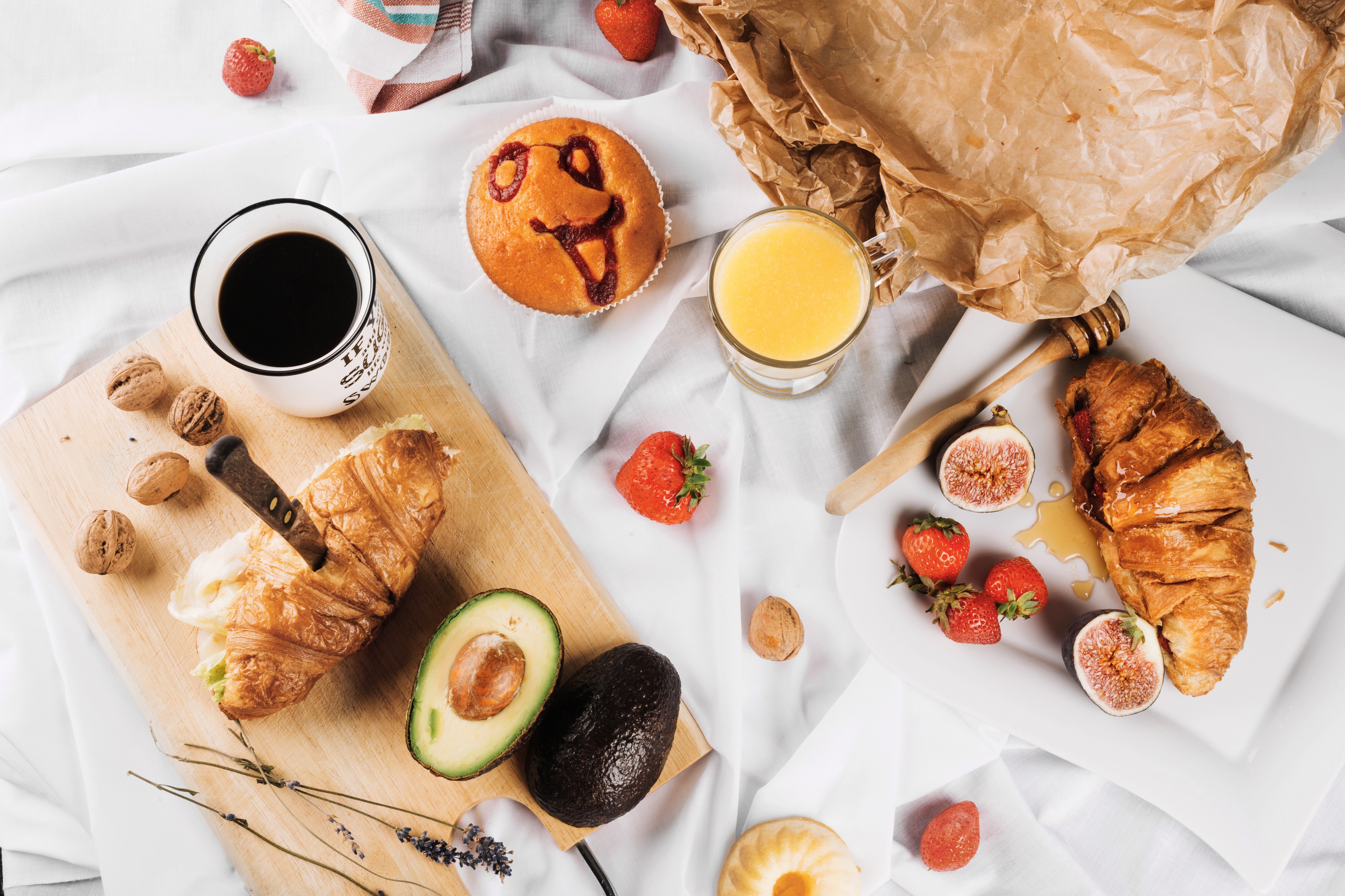 Croissant, Coffee, Avocado, and Breakfast Spread HD Wallpaper