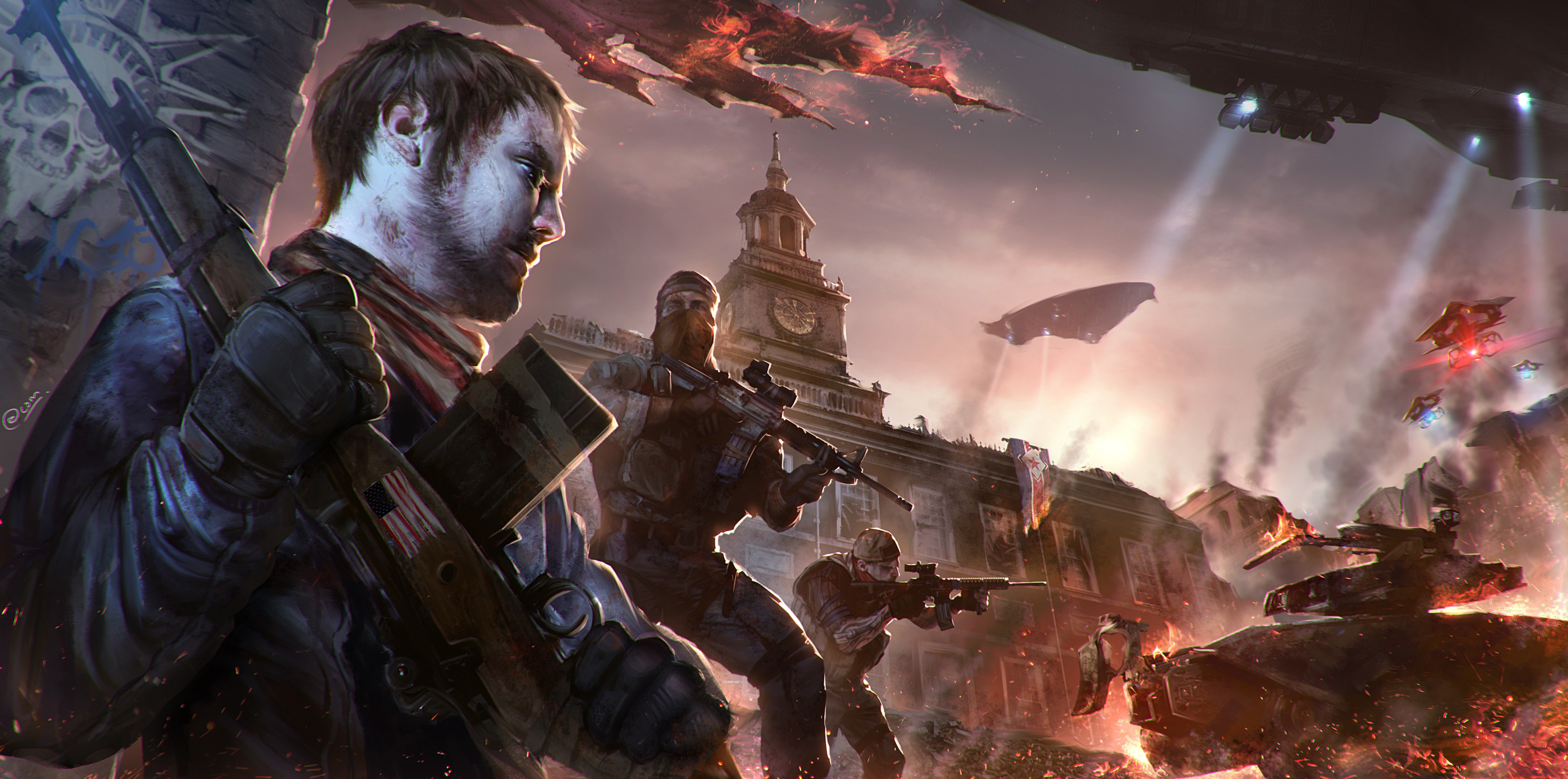 Warriors defending Independence Hall from alien invasion HD Wallpaper