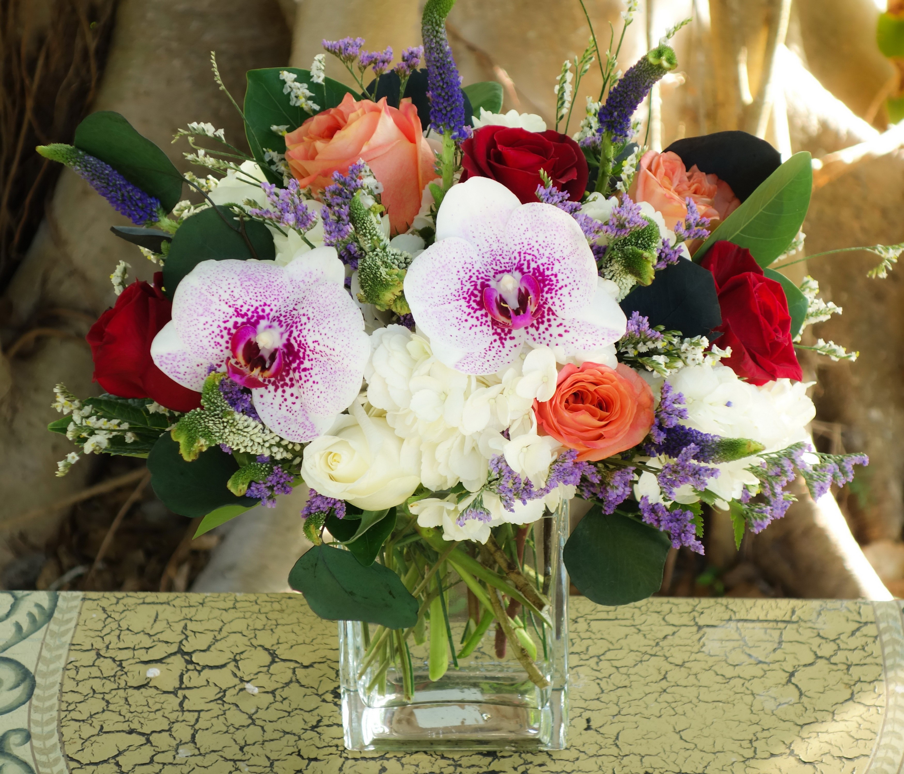 Orchid and Rose Flower Bouquet in Glass Vase HD Wallpaper