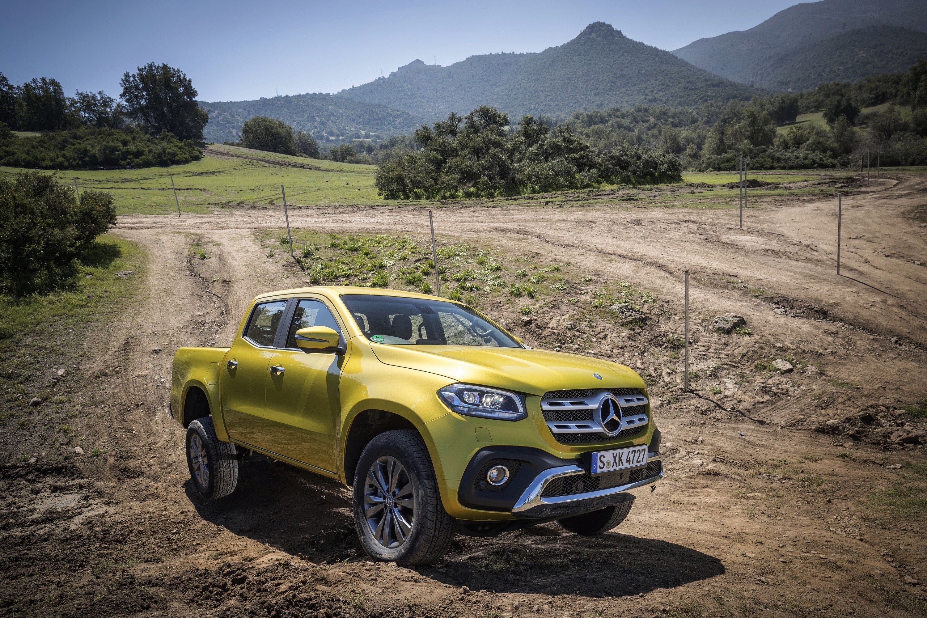 Yellow Mercedes-Benz X-Class Pickup Truck on Dirt Road HD Wallpaper