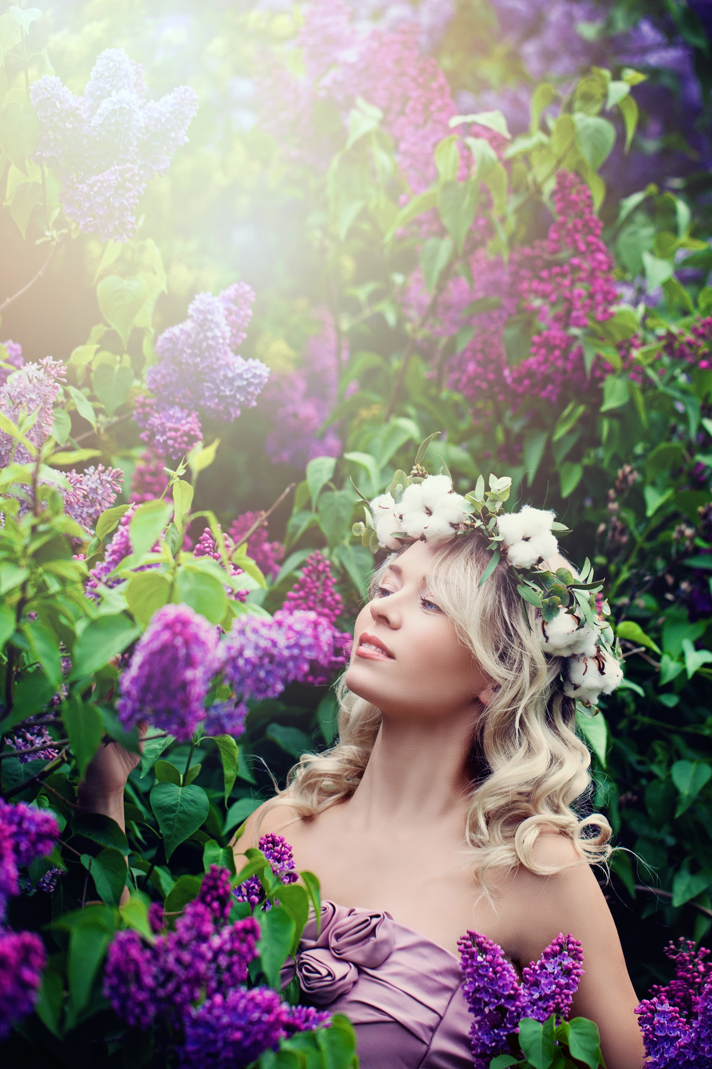 Blonde girl with flower crown in lilac bushes HD Phone Wallpaper