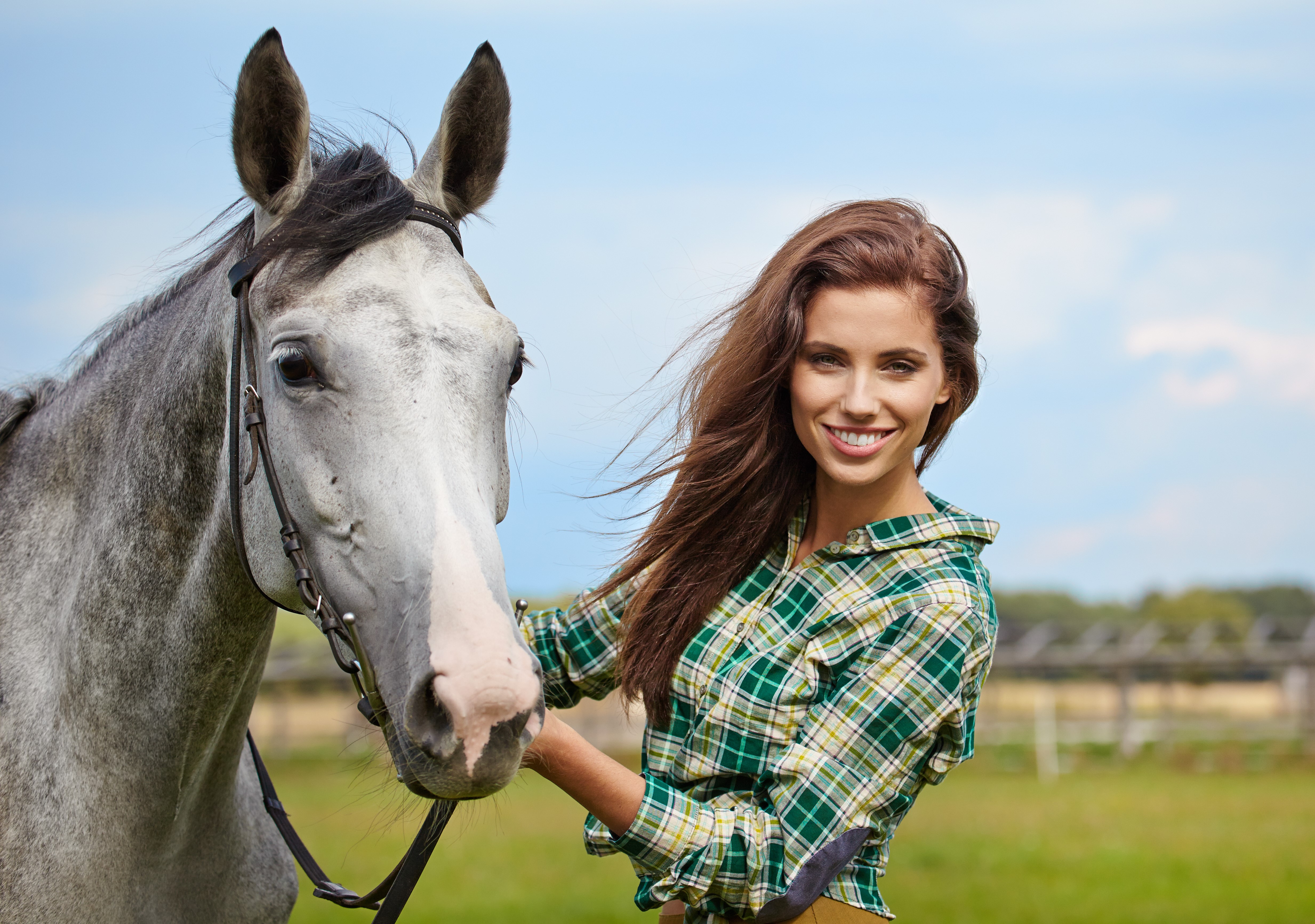 Woman in Plaid Shirt with Horse HD Wallpaper