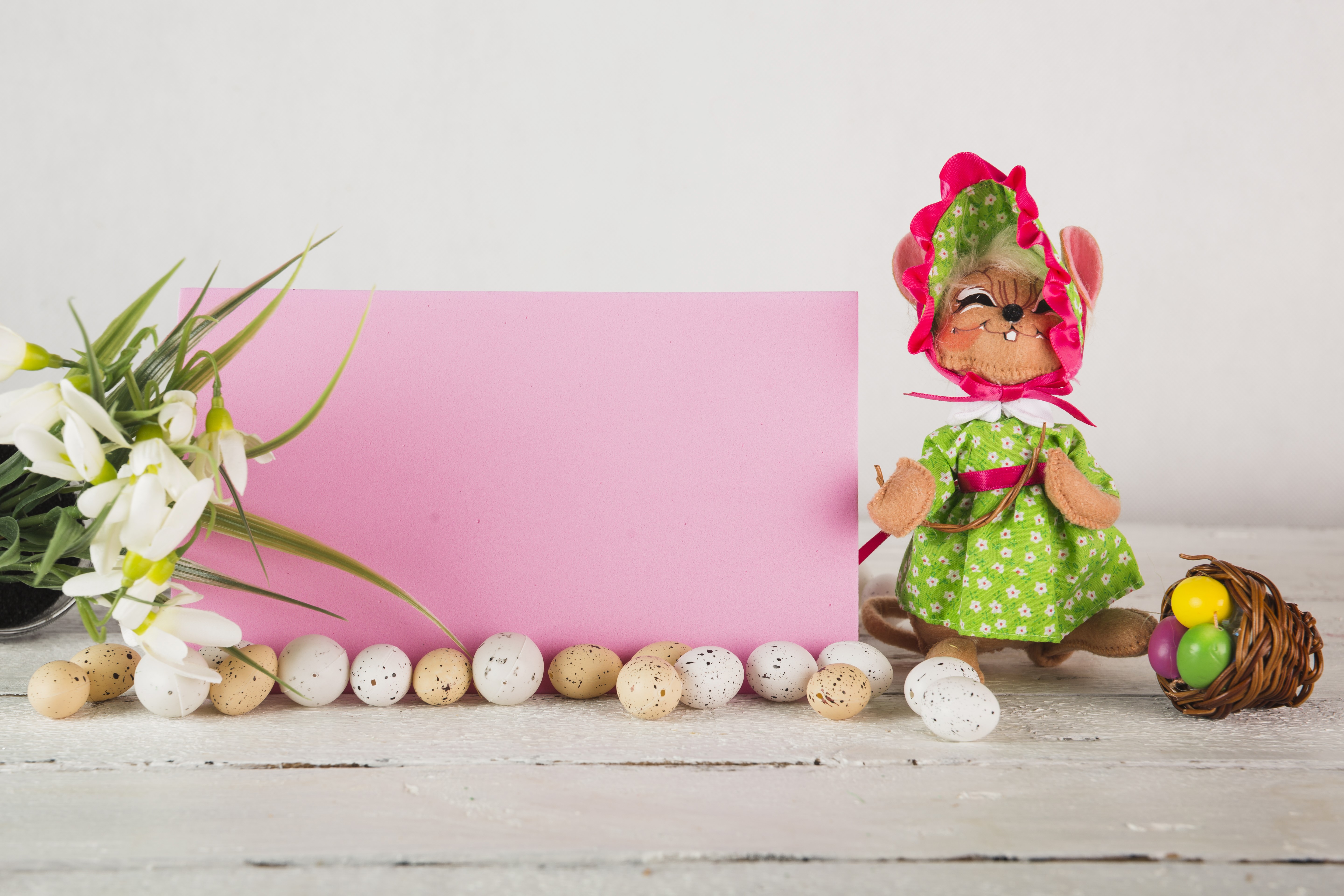 Easter bunny with snowdrops and eggs on a pink card HD Wallpaper