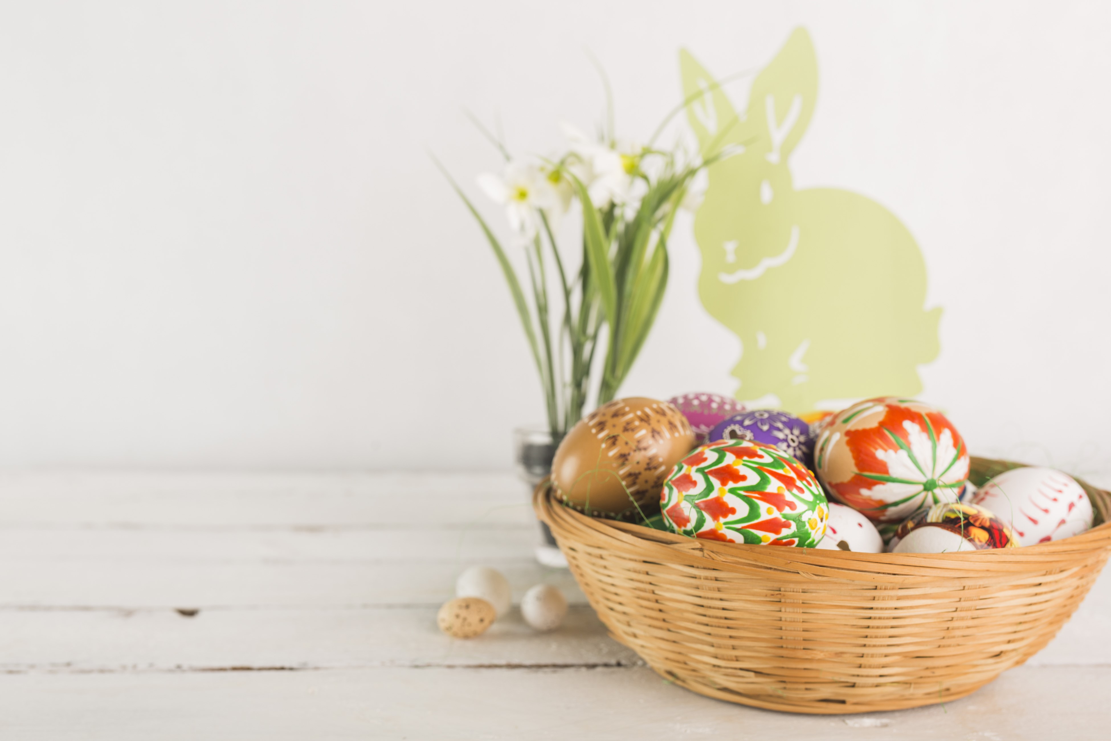 Easter basket with decorated eggs and daffodils HD Wallpaper
