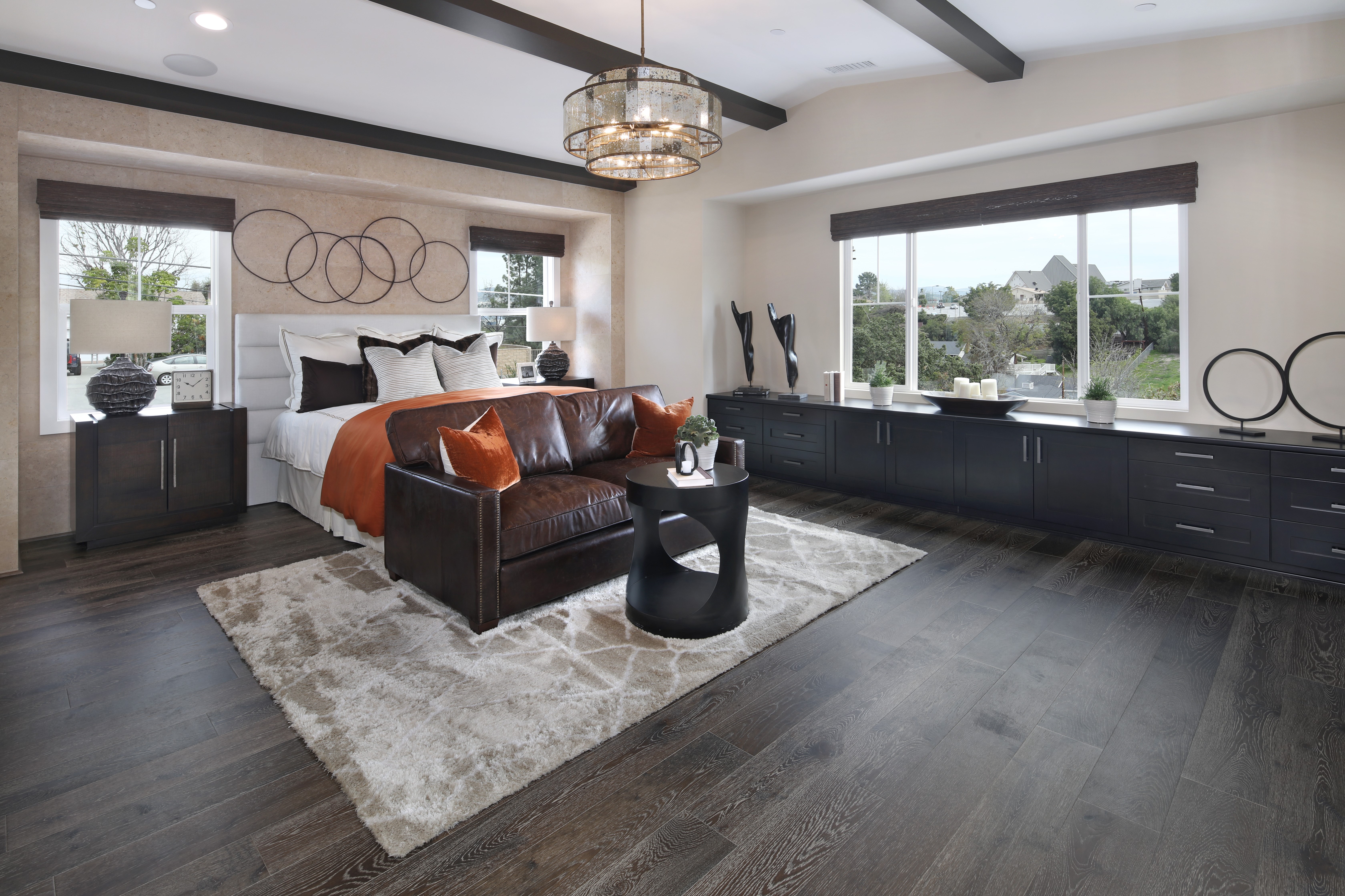 Bedroom with Bed, Chandelier, and Armchair HD Wallpaper