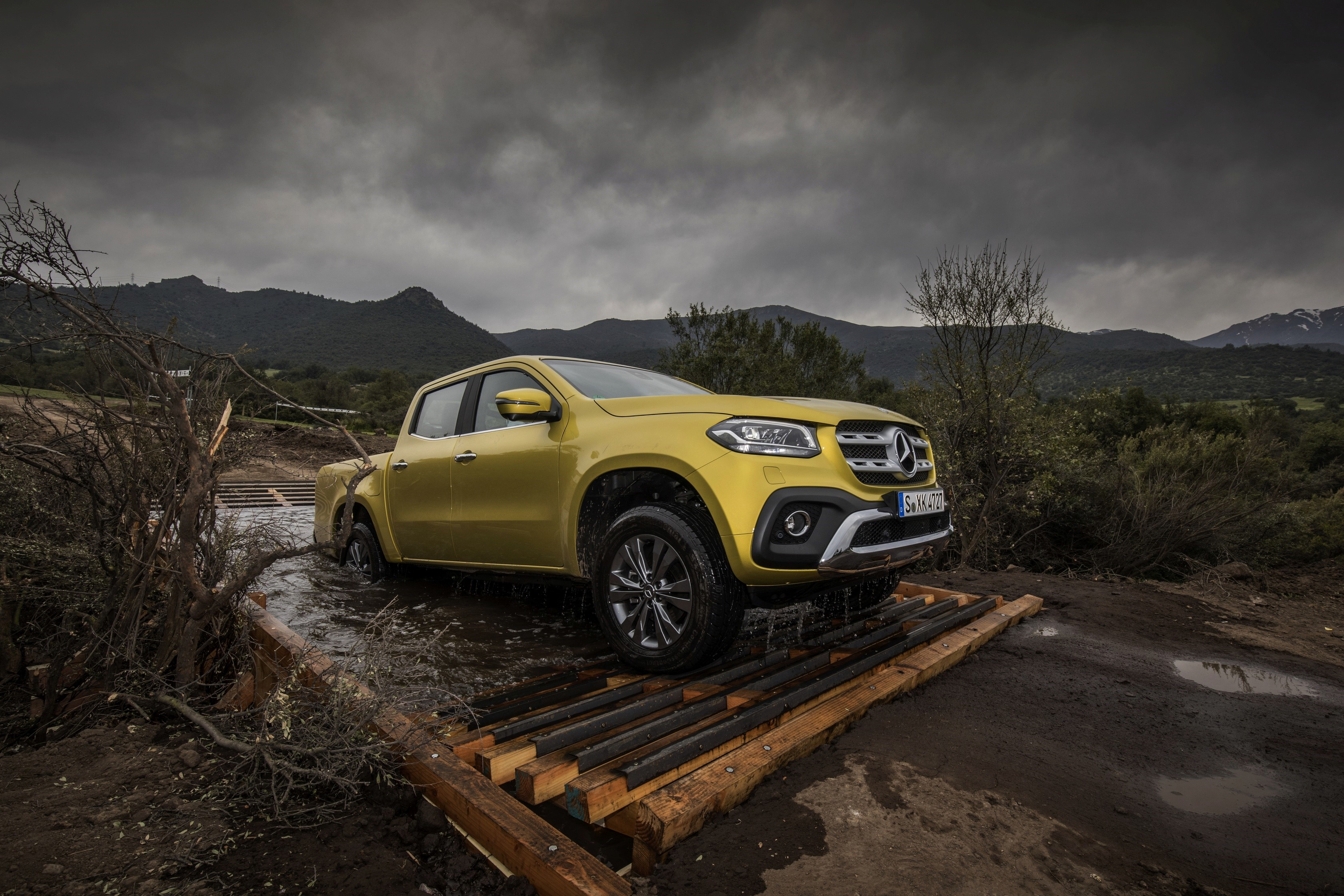 Yellow Mercedes-Benz X-Class Pickup Truck Driving Through Water HD Wallpaper