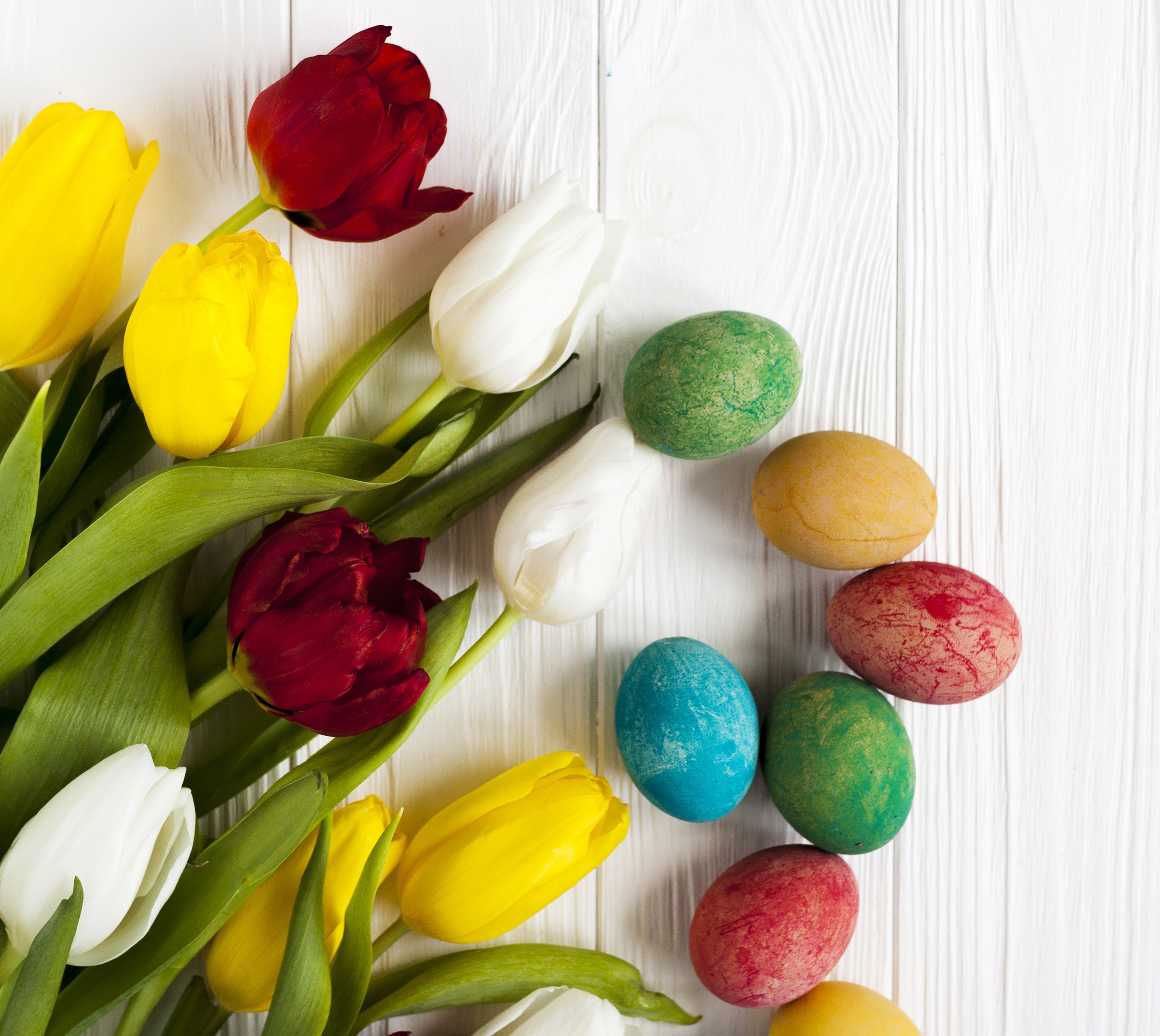 Easter Tulips and Painted Eggs HD Wallpaper
