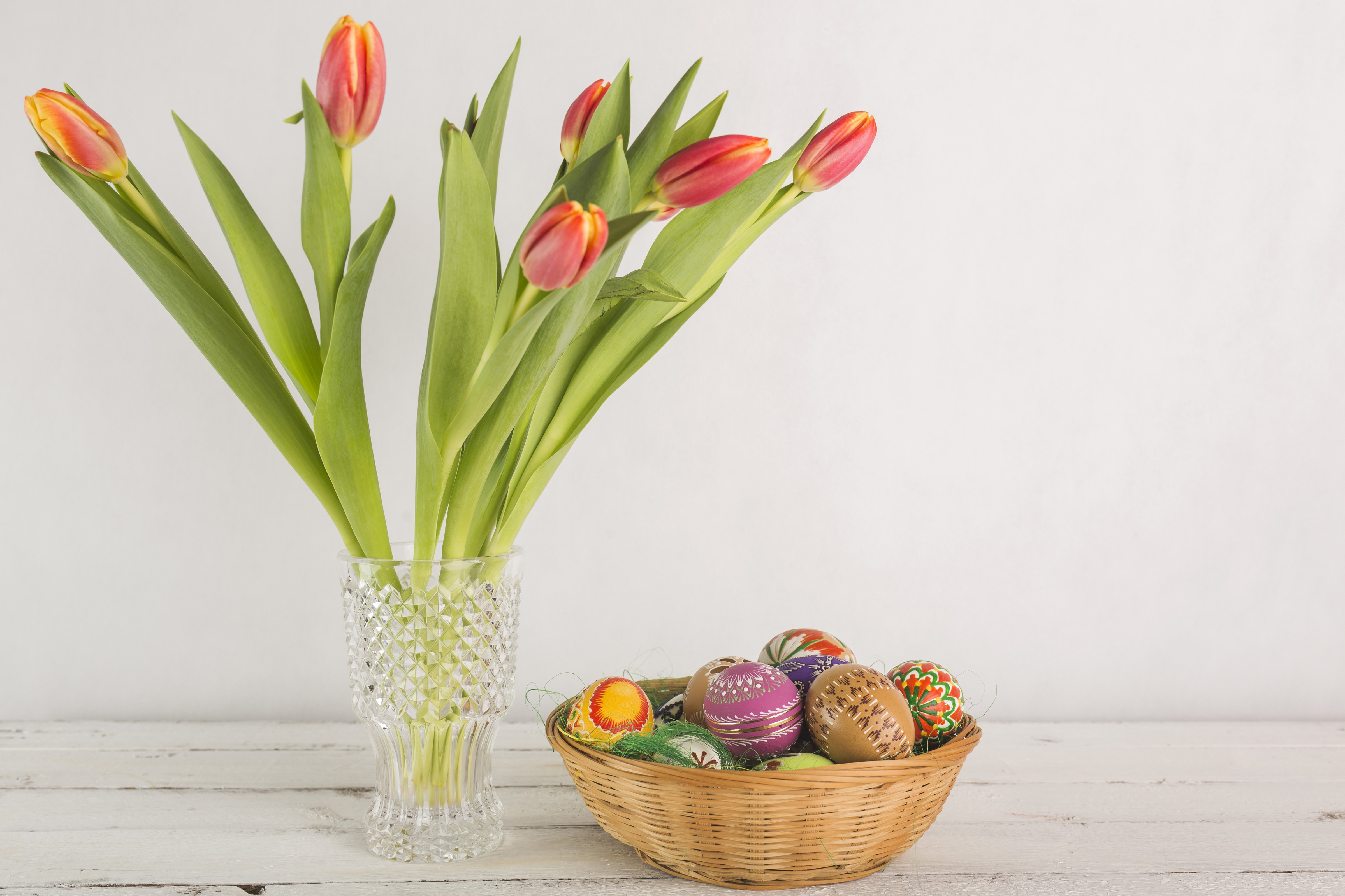 Easter Tulips and Decorated Eggs in a Basket HD Wallpaper