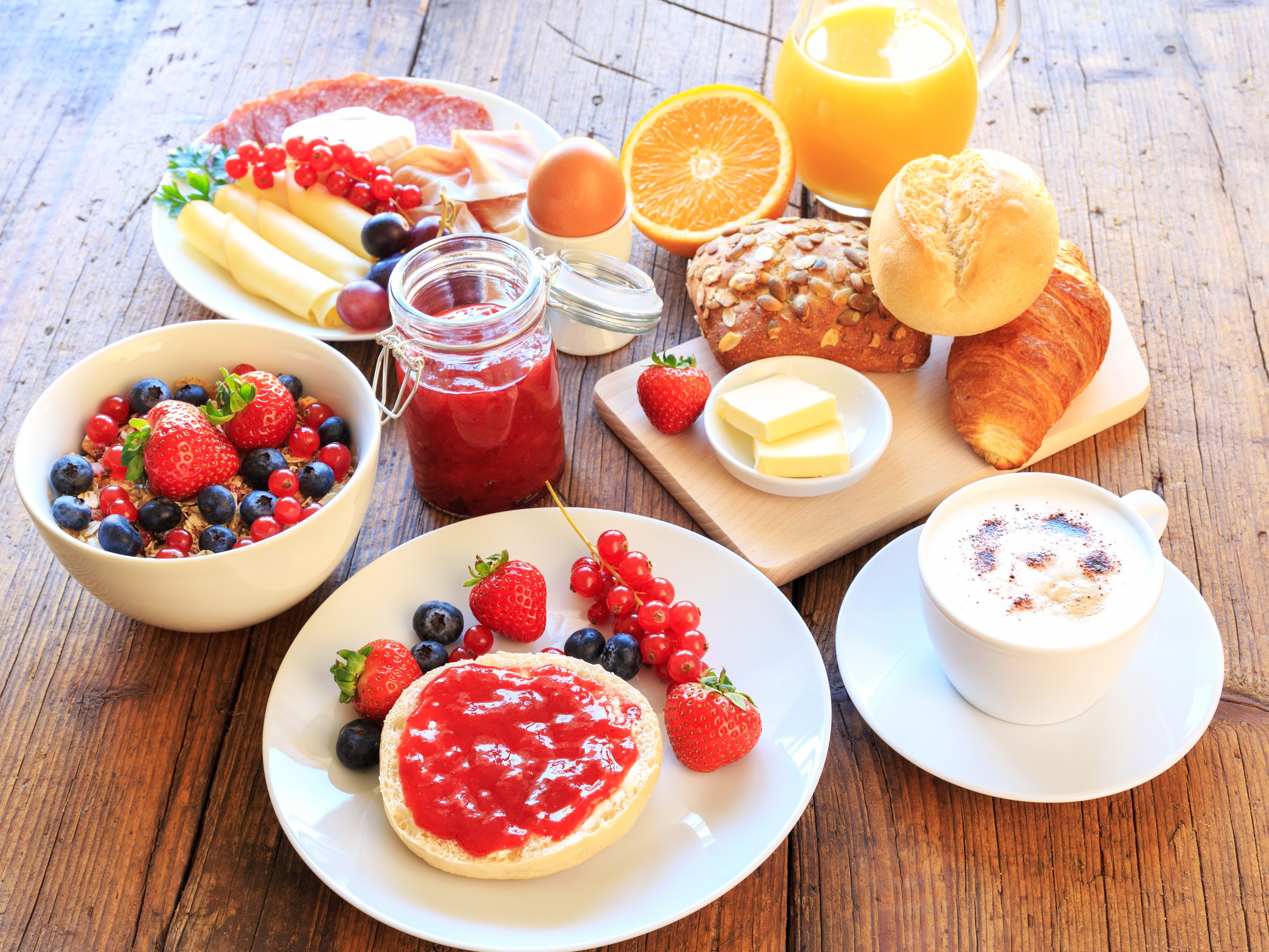 Breakfast with Berries, Buns, Juice, and Coffee HD Wallpaper