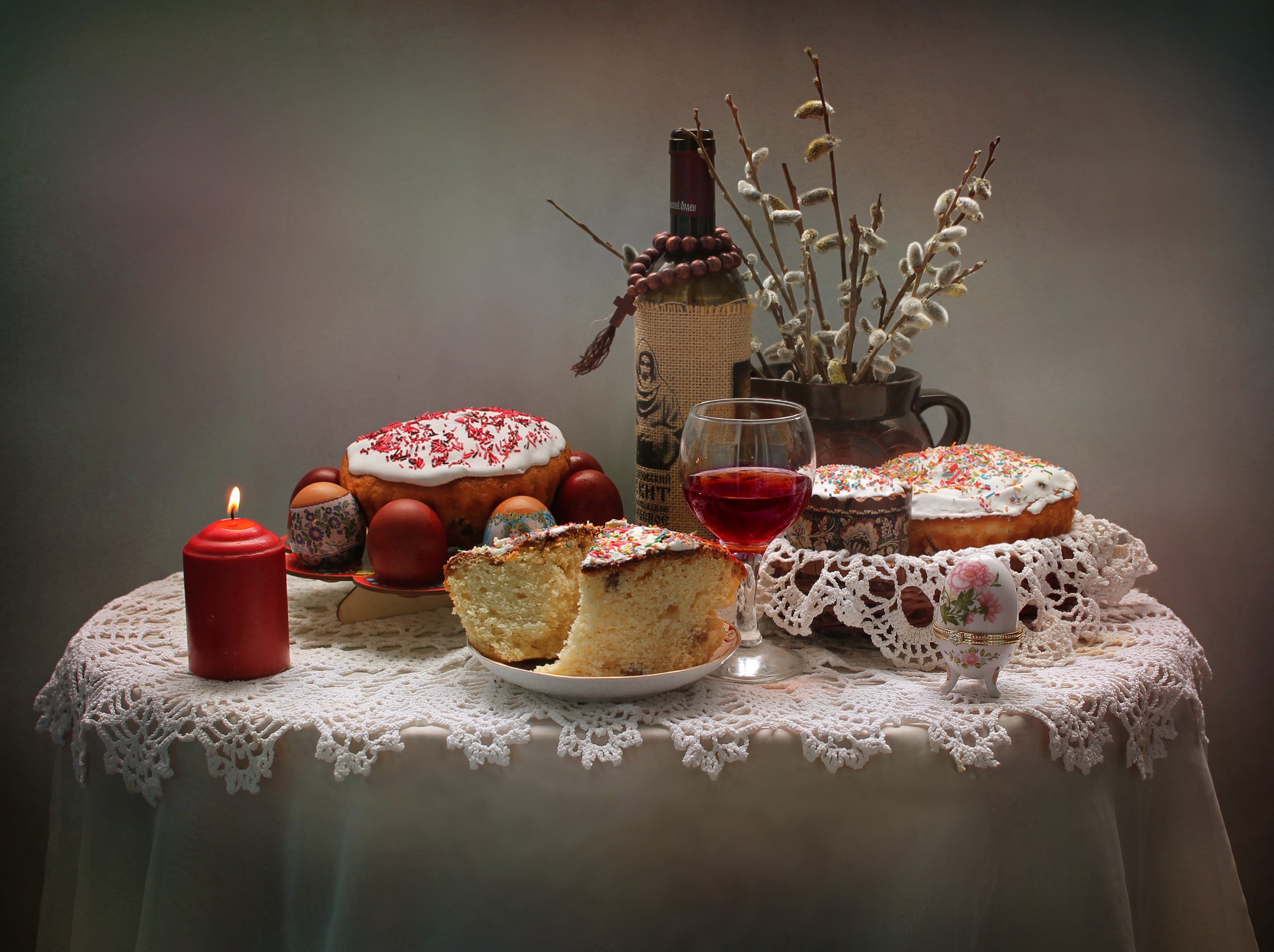 Easter still life with kulich, eggs, wine, and candle HD Wallpaper