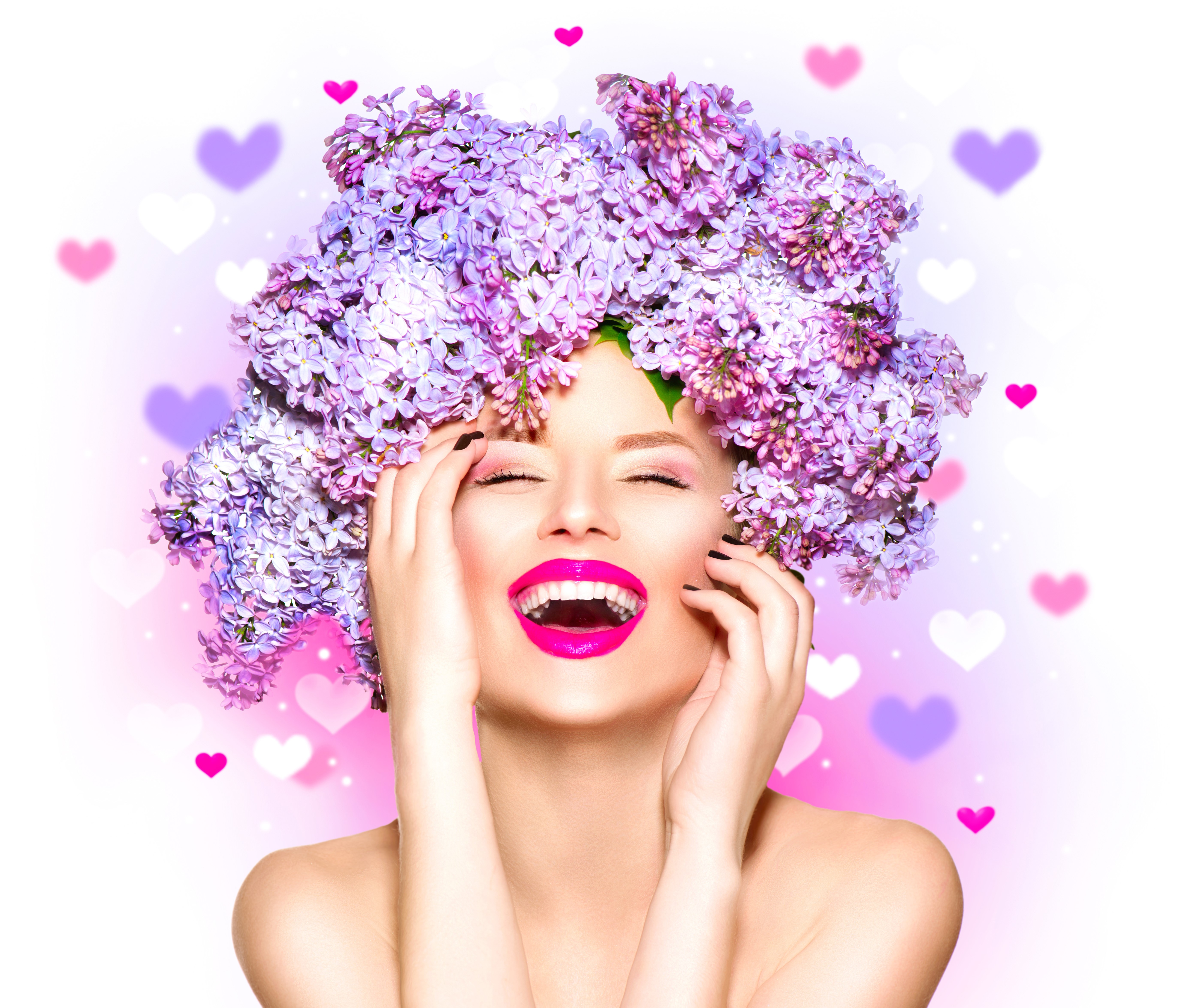 Woman with Lilac Flower Crown and Pink Lipstick HD Wallpaper
