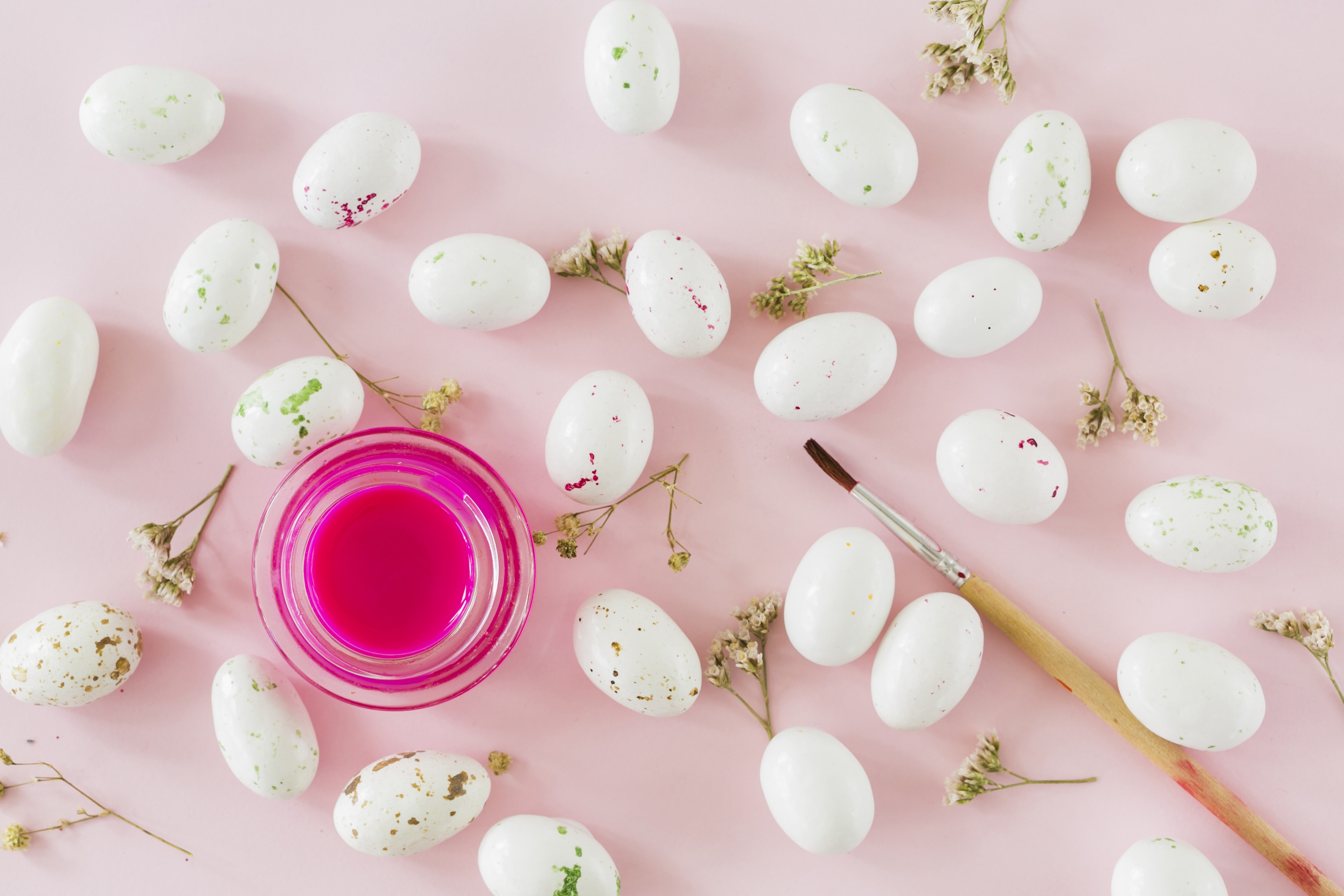 Easter Eggs and Paintbrush on Pink Background HD Wallpaper