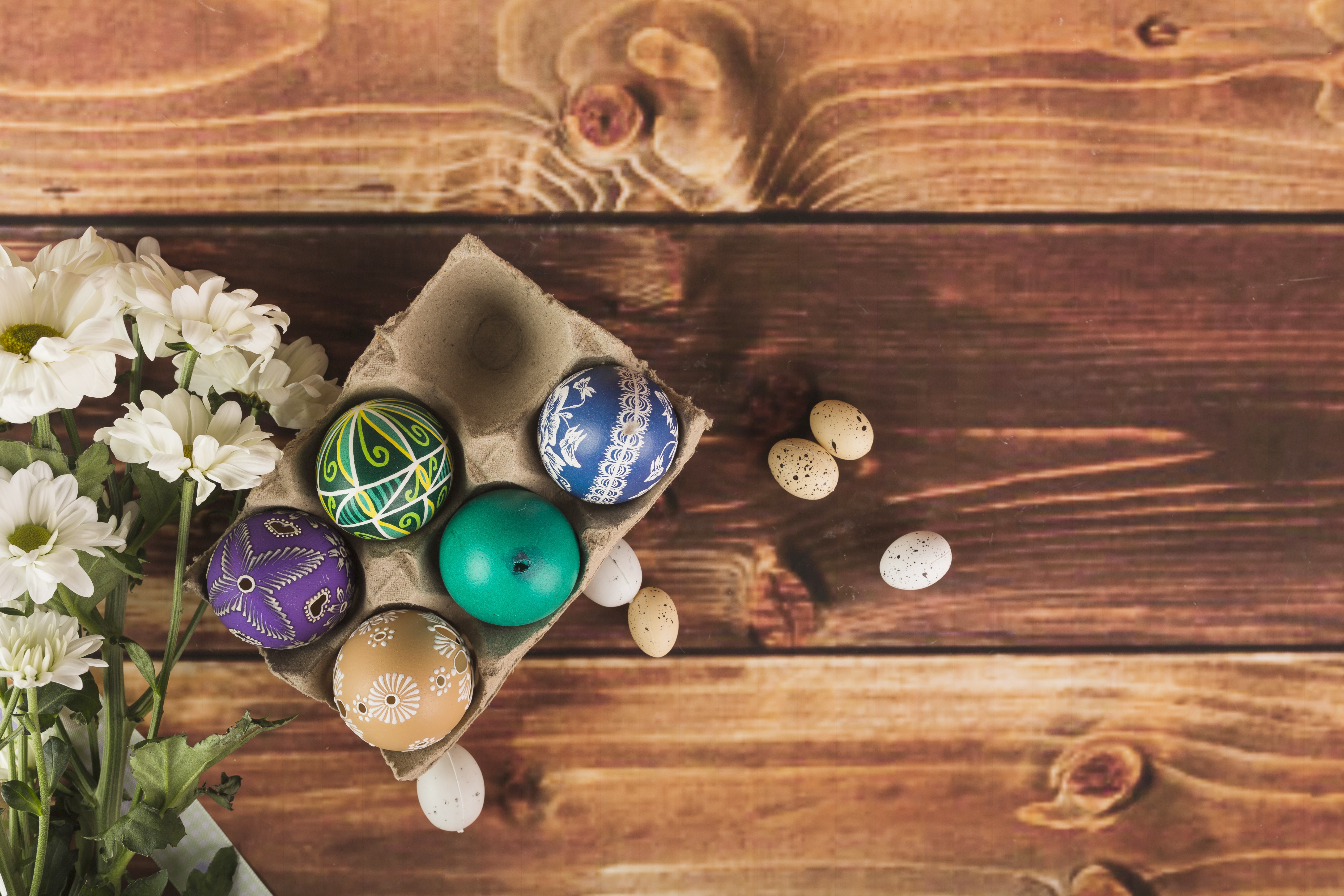 Easter Eggs and Chrysanthemums on Wood Planks HD Wallpaper