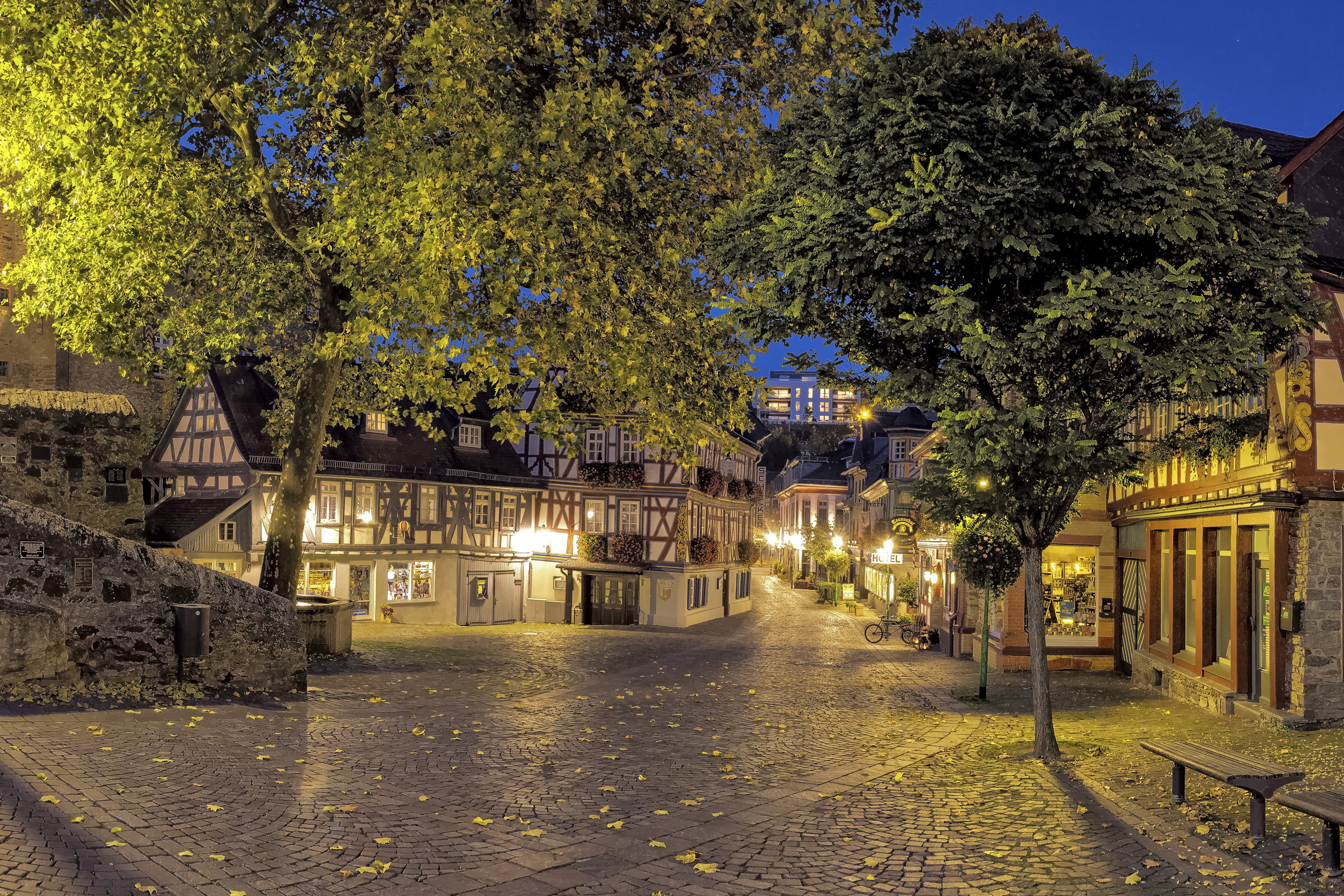 Idstein Hesse Germany street at evening with houses and trees HD Wallpaper