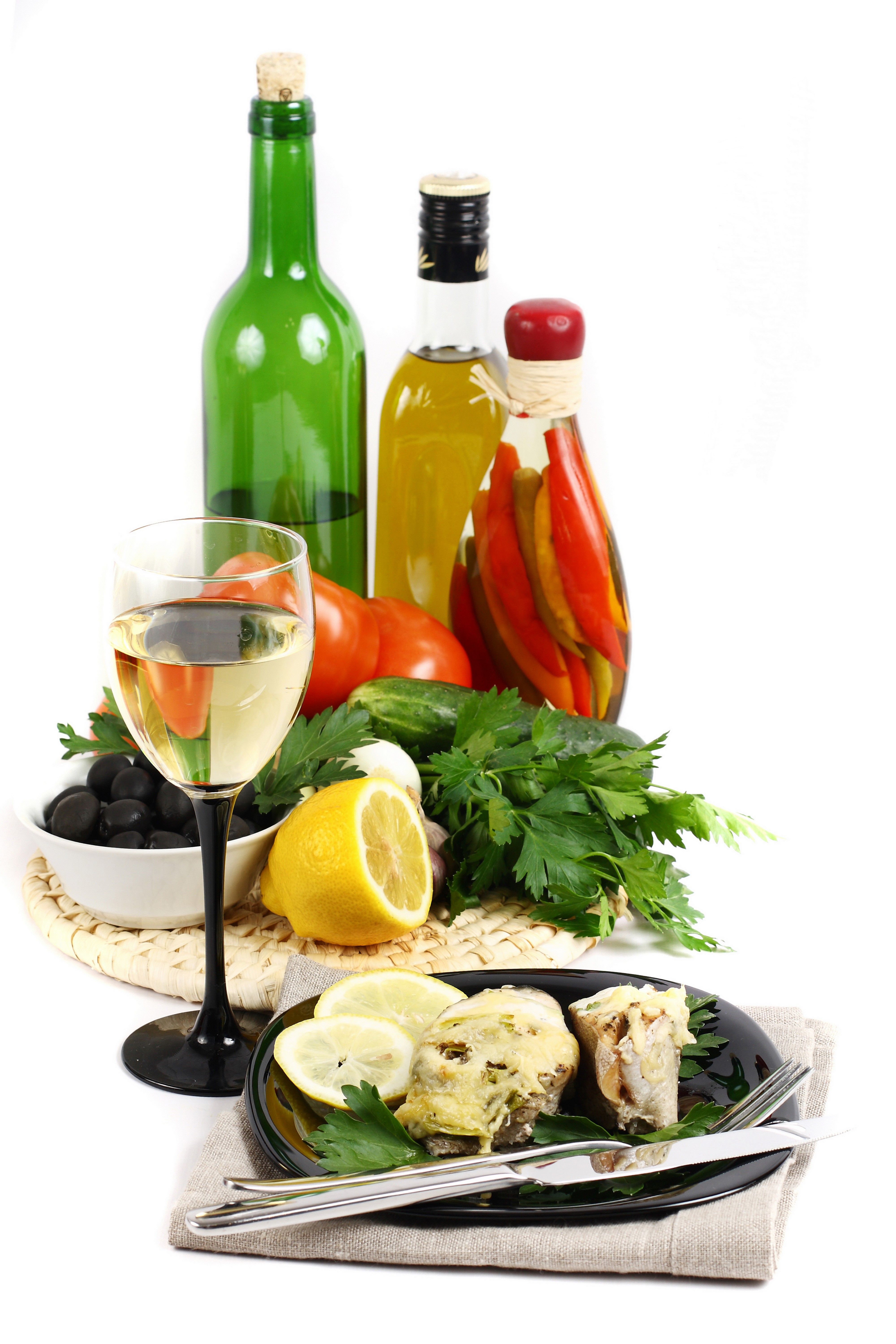 Food and drink arrangement with wine bottle and vegetables HD Phone Wallpaper