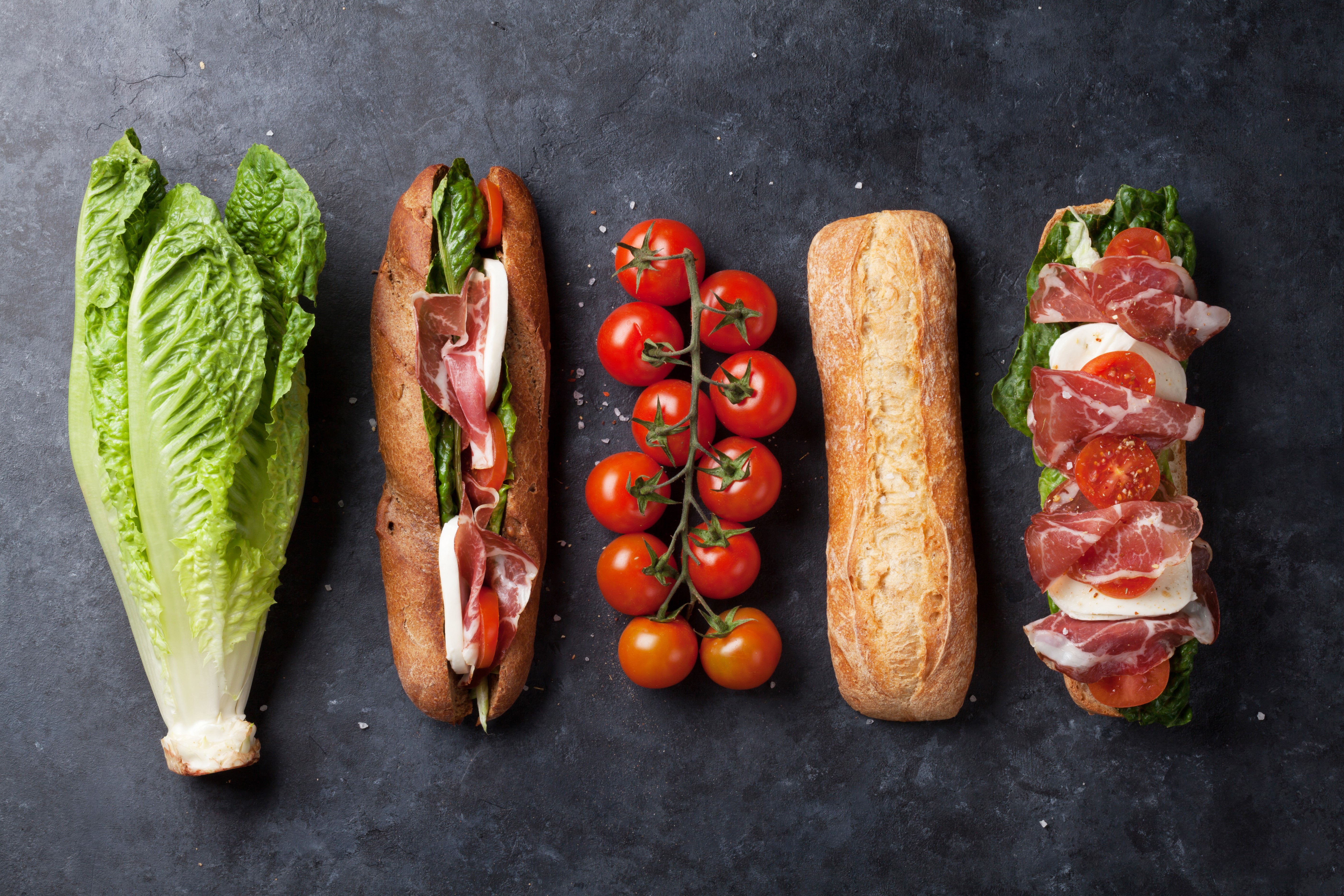 Sandwich ingredients and prepared sandwiches on dark background HD Wallpaper