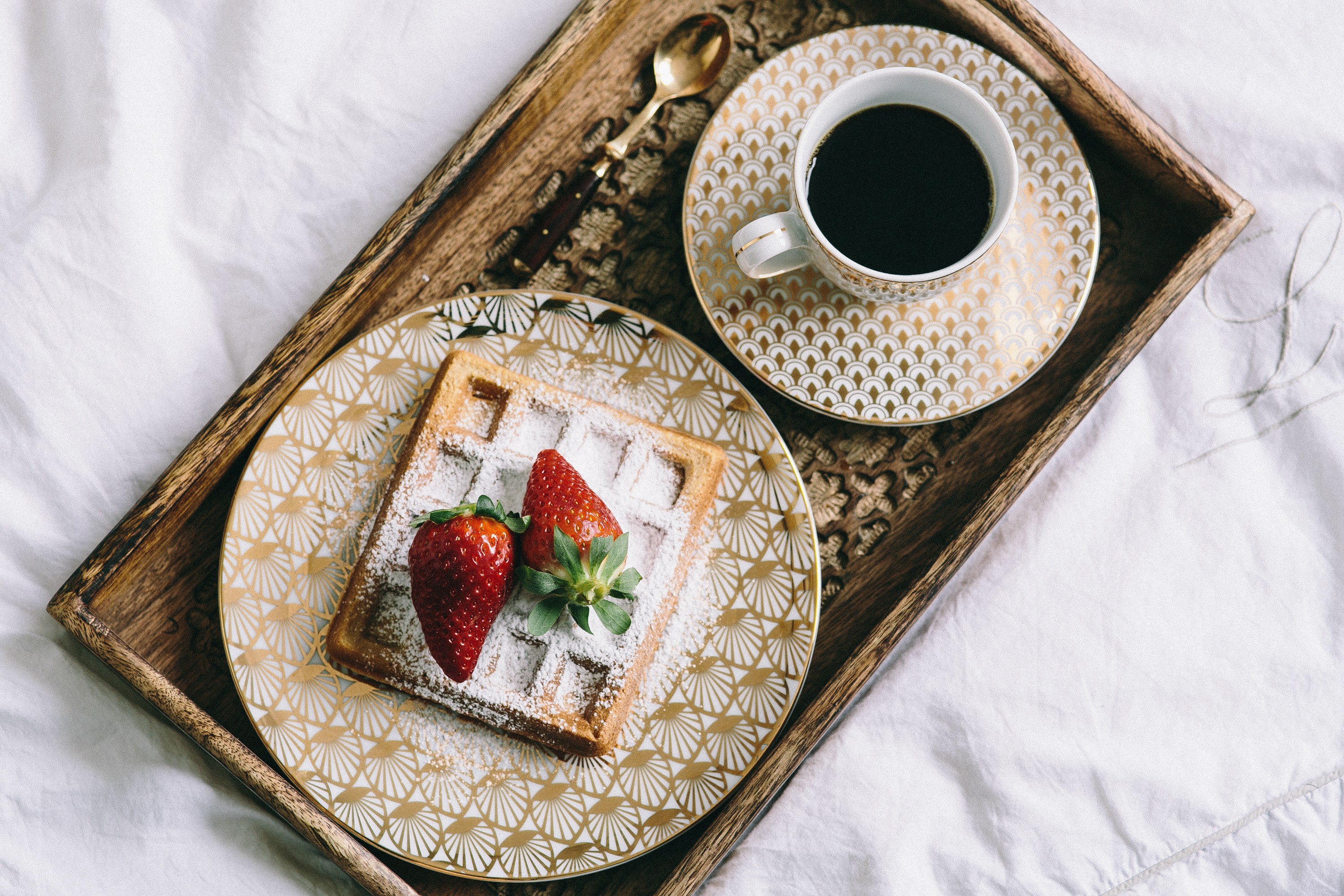 Waffle with strawberries and coffee on a tray HD Wallpaper